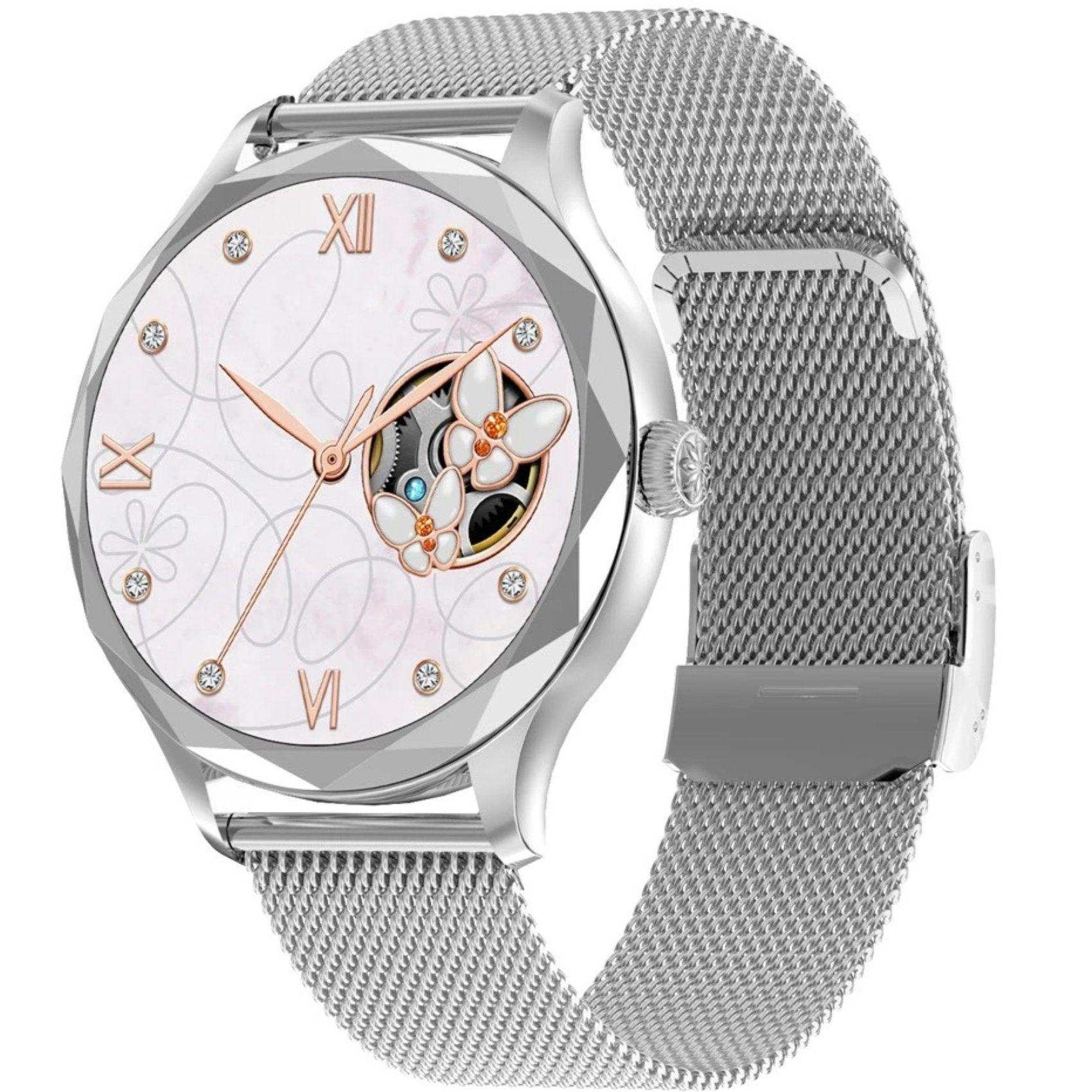 Women's diamond AMOLED screen smartwatch with butterfly dial and silver steel strap TUTT