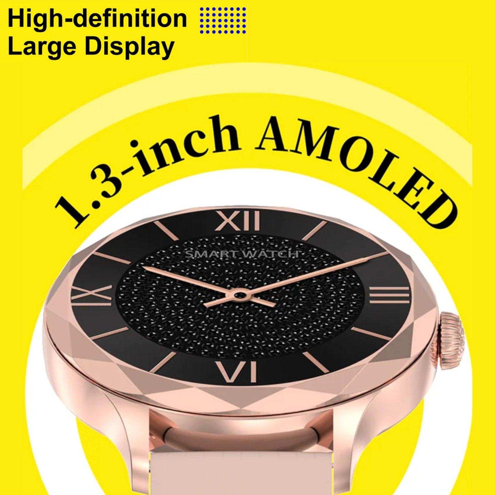 Women's diamond AMOLED screen smartwatch with steel strap, 1.3-inch high-definition large display, rose gold design, TUTT