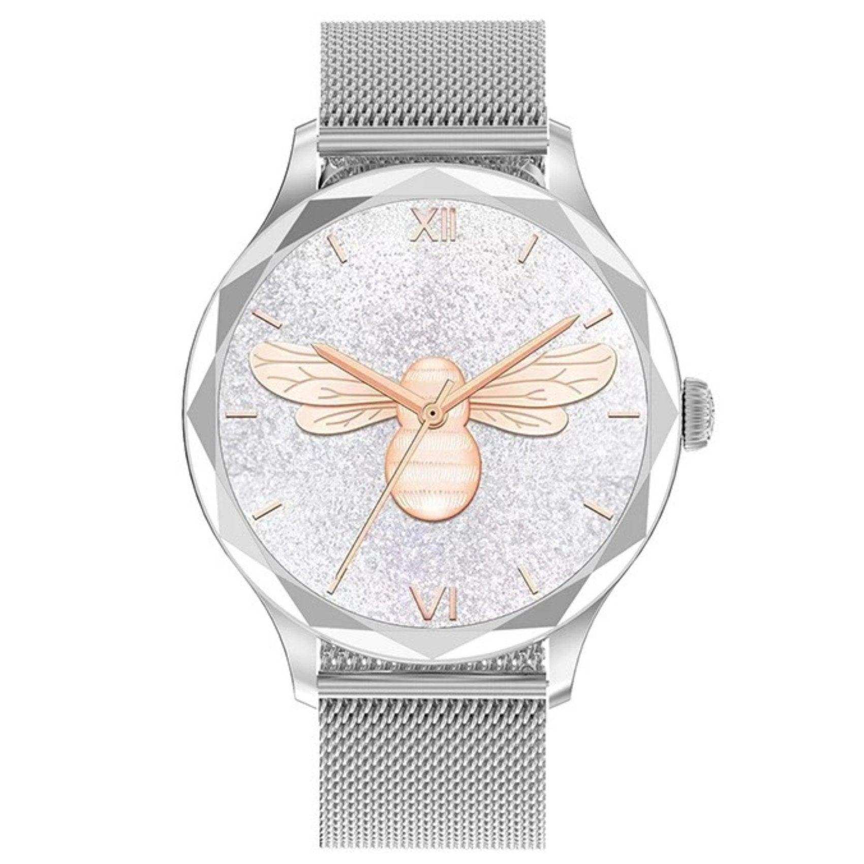 Silver women's smartwatch with diamond-patterned AMOLED screen and bee design, mesh strap TUTT