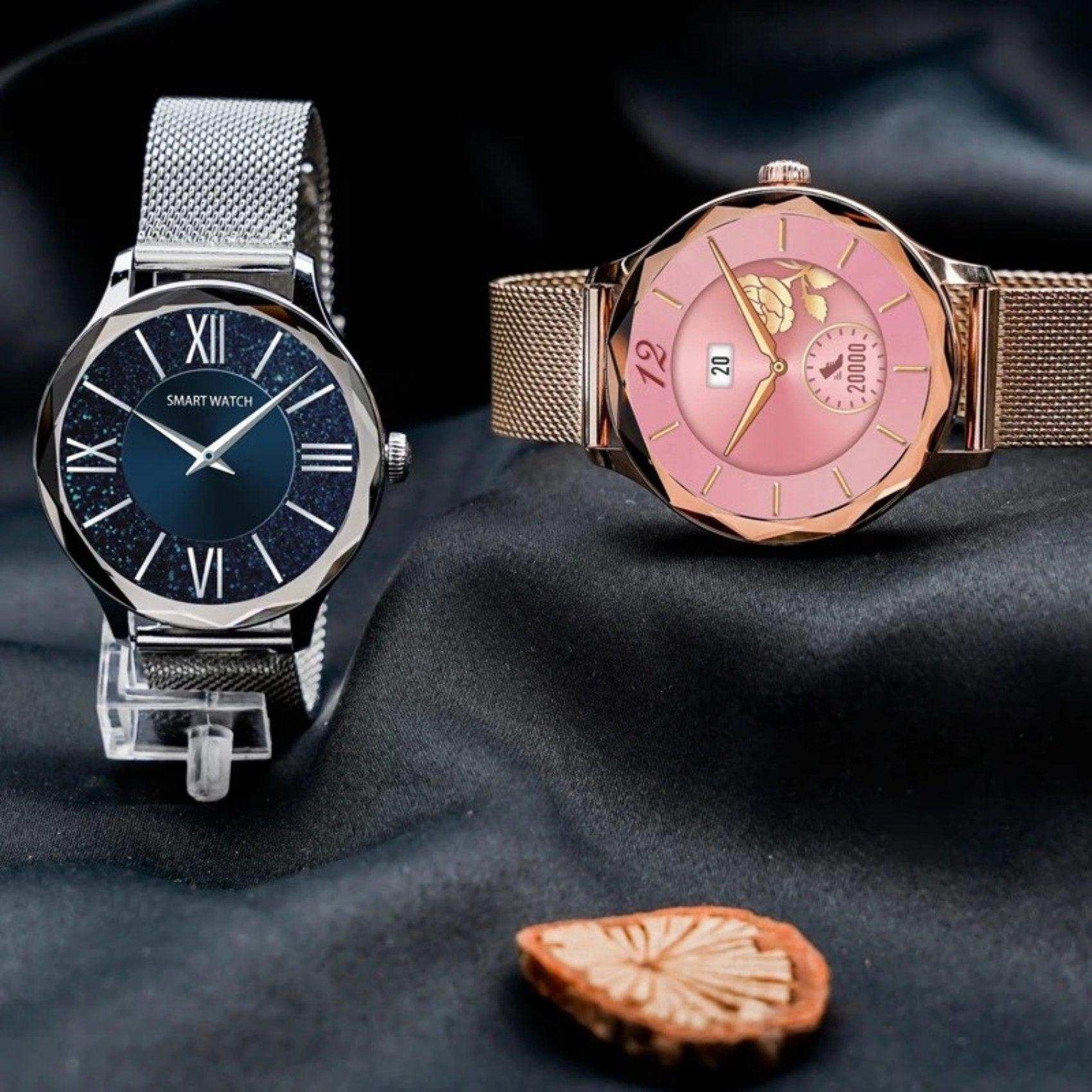 Women's diamond AMOLED smartwatches with steel mesh straps on black fabric, TUTT