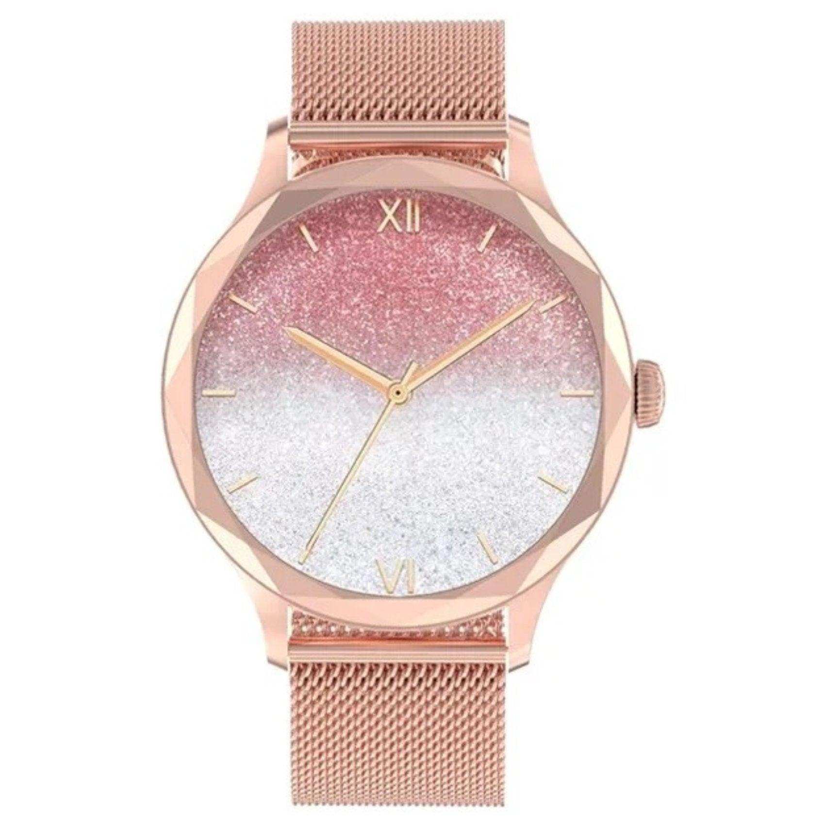 Rose gold women’s smartwatch with glittery pink and silver dial and mesh steel strap TUTT