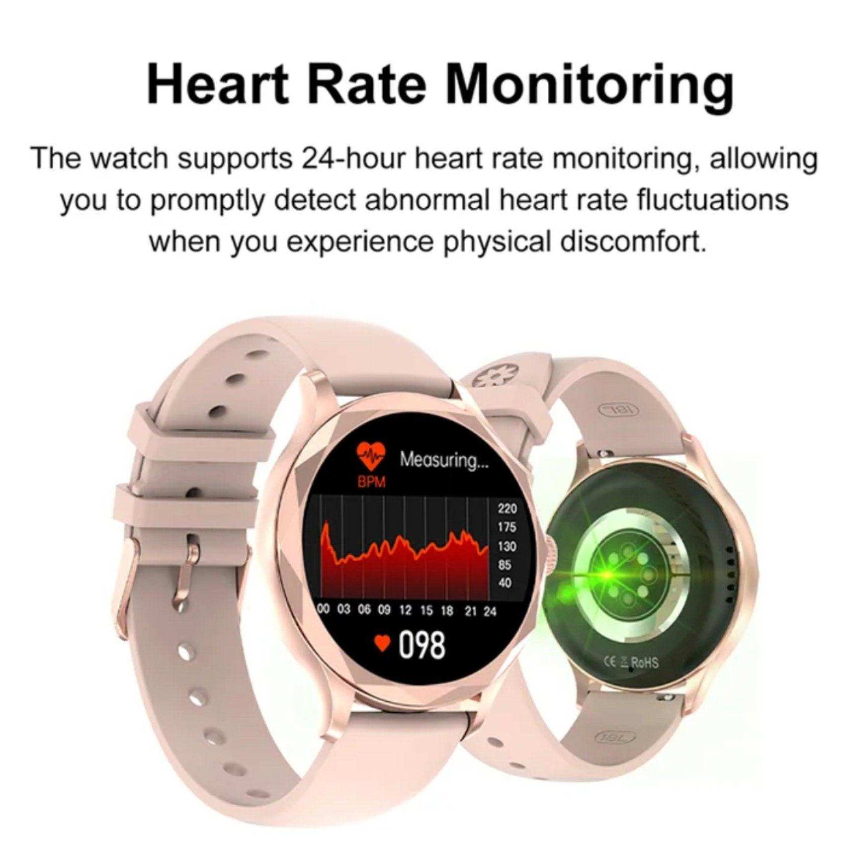 Rose gold women’s AMOLED smartwatch with heart rate monitoring display and silicone strap TUTT