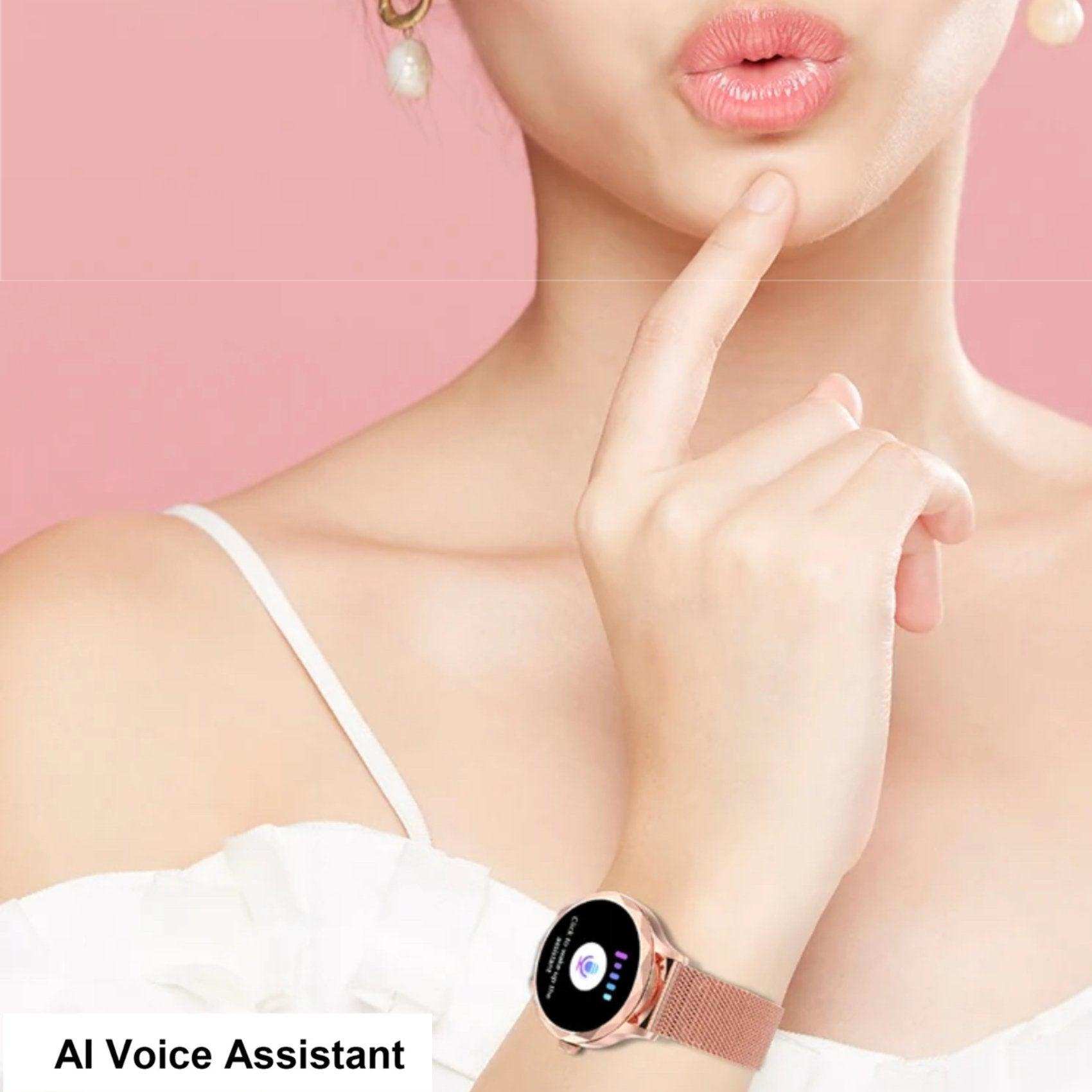 Woman wearing diamond AMOLED screen smartwatch with steel strap, AI voice assistant feature, pink background TUTT