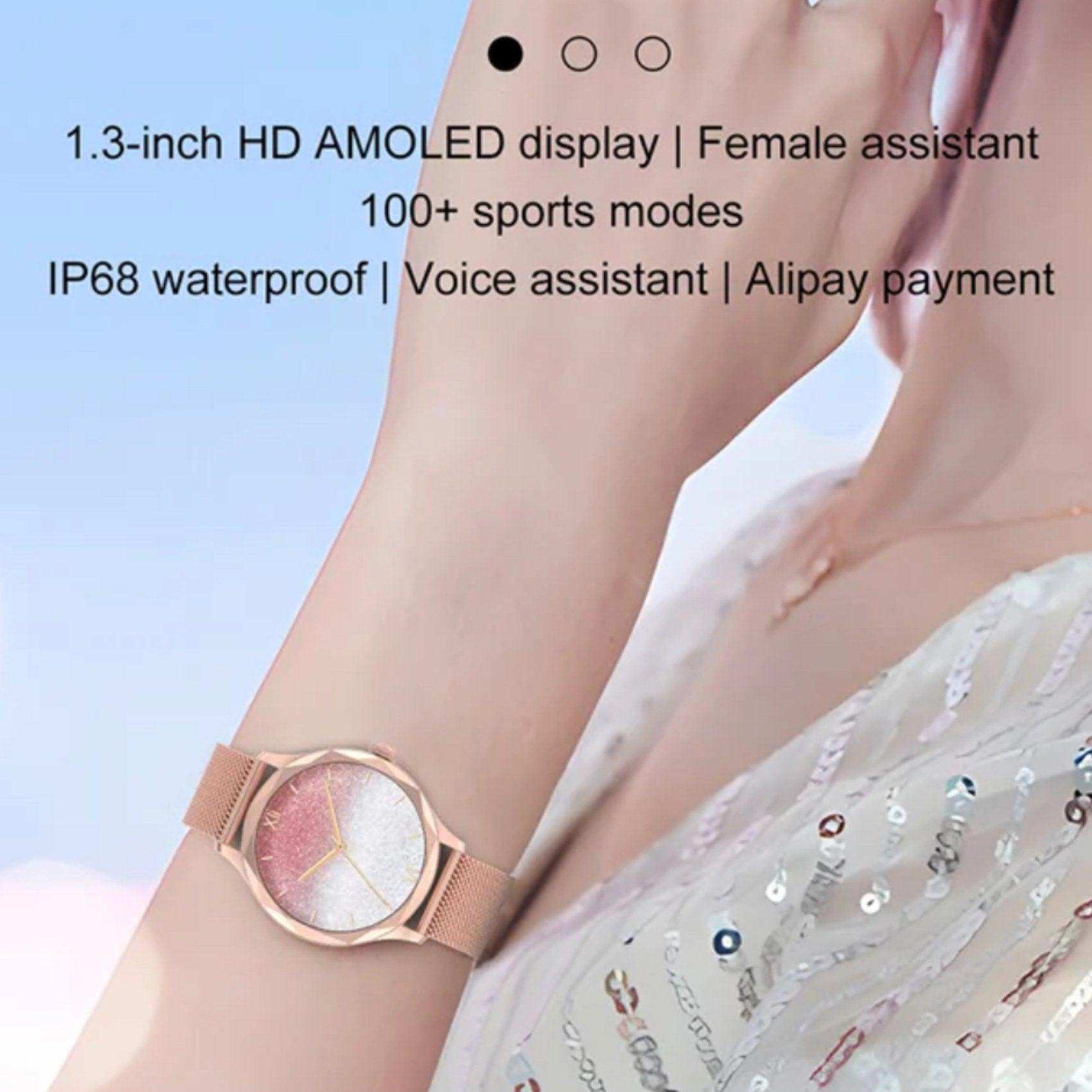Woman wearing a rose gold diamond AMOLED screen smartwatch with mesh strap, elegant dress, TUTT