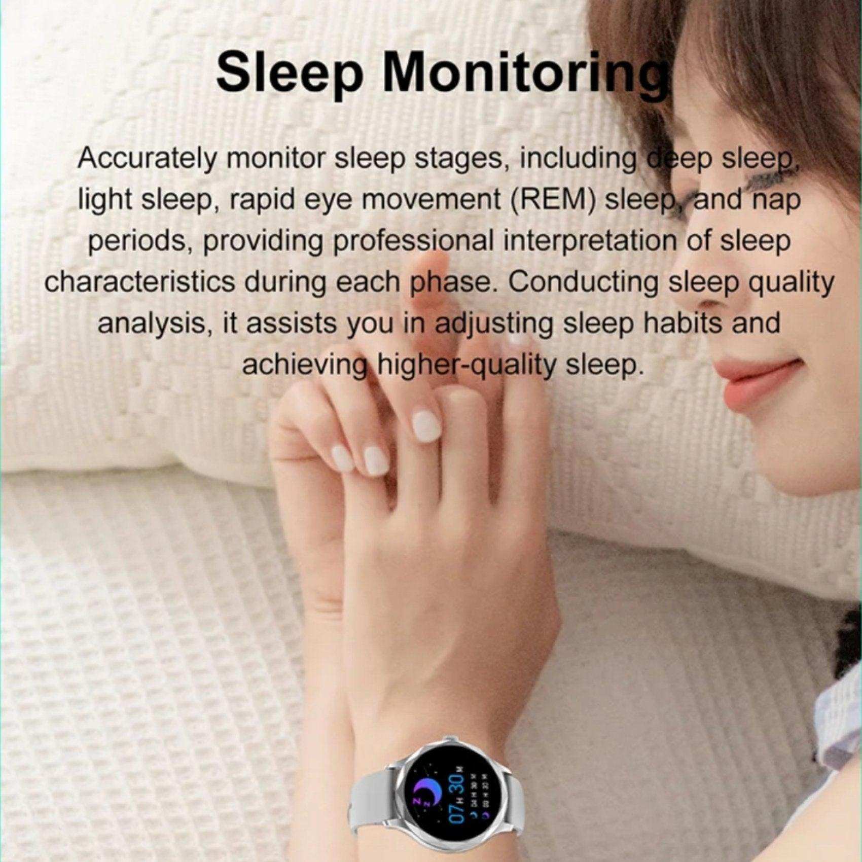 Woman wearing diamond AMOLED screen smartwatch with steel strap, sleep monitoring feature, relaxing on bed. TUTT