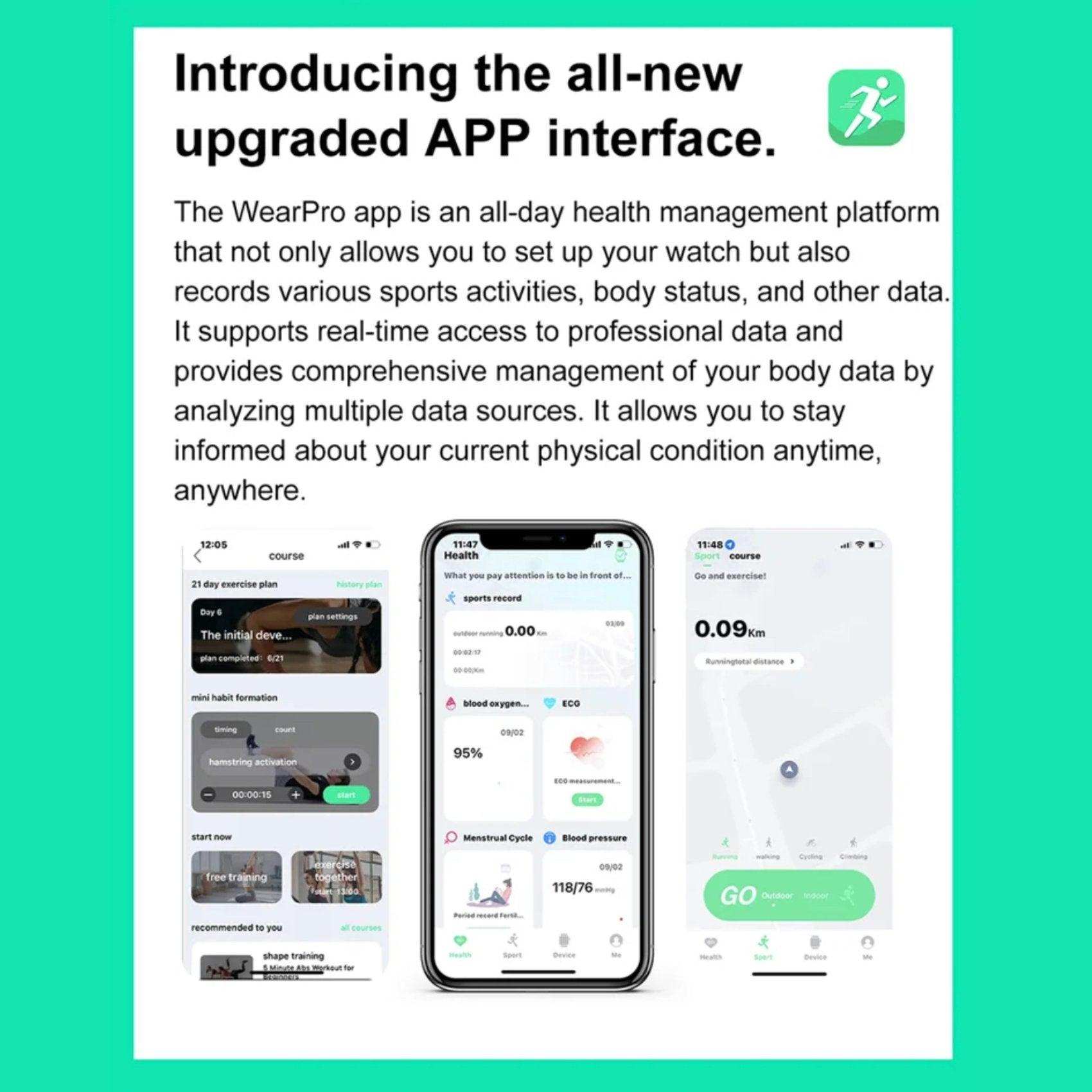 WearPro app upgraded interface displayed on smartphones with health, fitness, and activity tracking features, on a teal background. TUTT