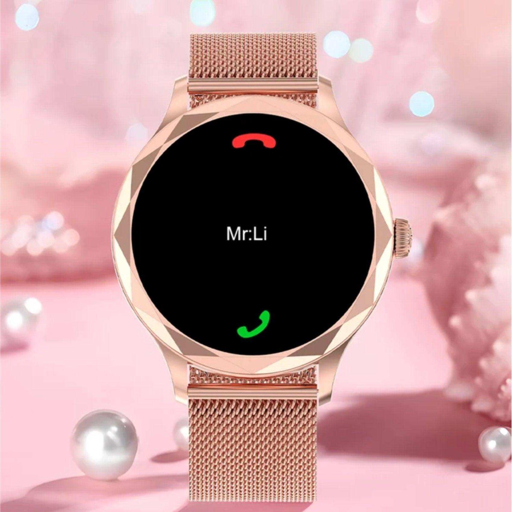 Rose gold diamond AMOLED smartwatch for women with steel strap, call display, pink background TUTT