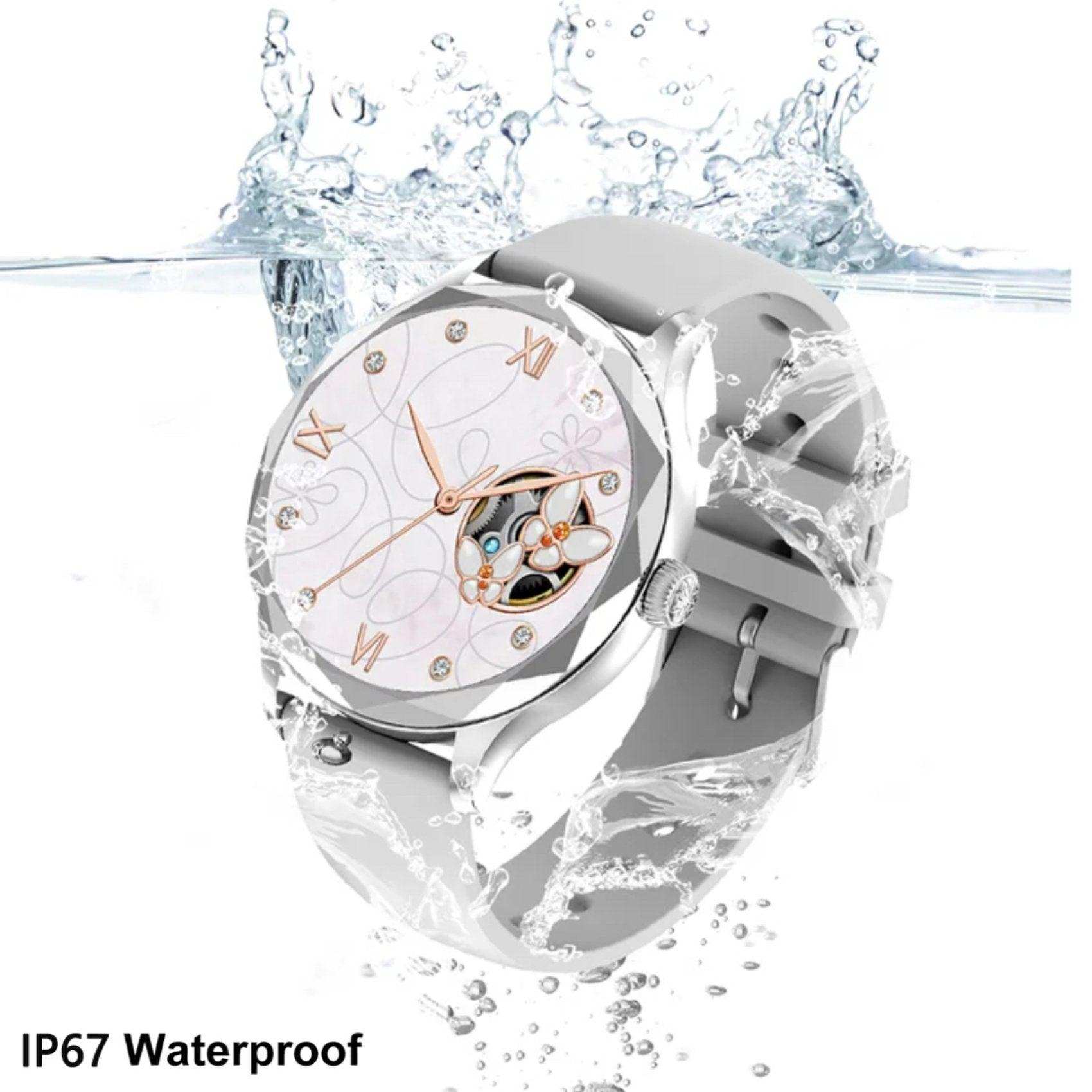 Elegant women's diamond AMOLED smartwatch with white strap in water splash, IP67 waterproof, TUTT
