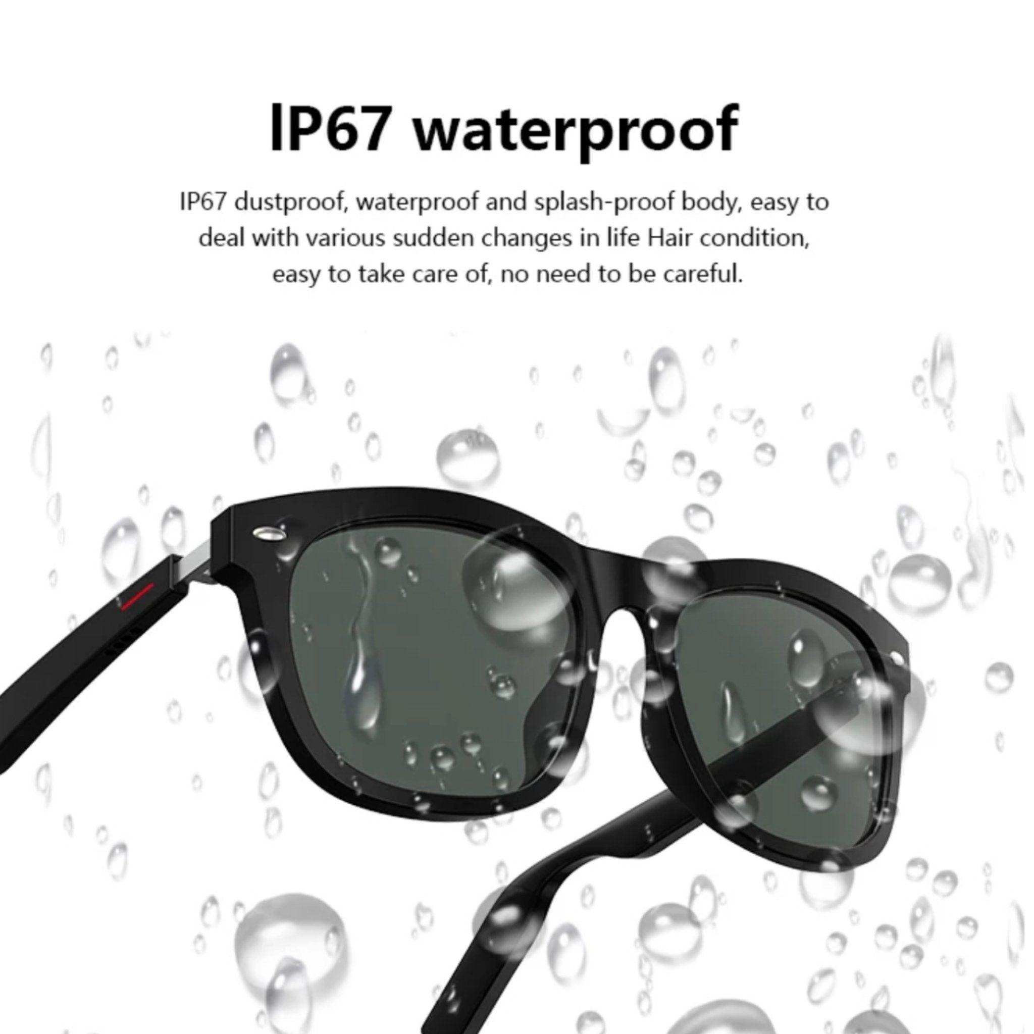 Black Bluetooth smart glasses with water droplets, IP67 waterproof feature, TUTT
