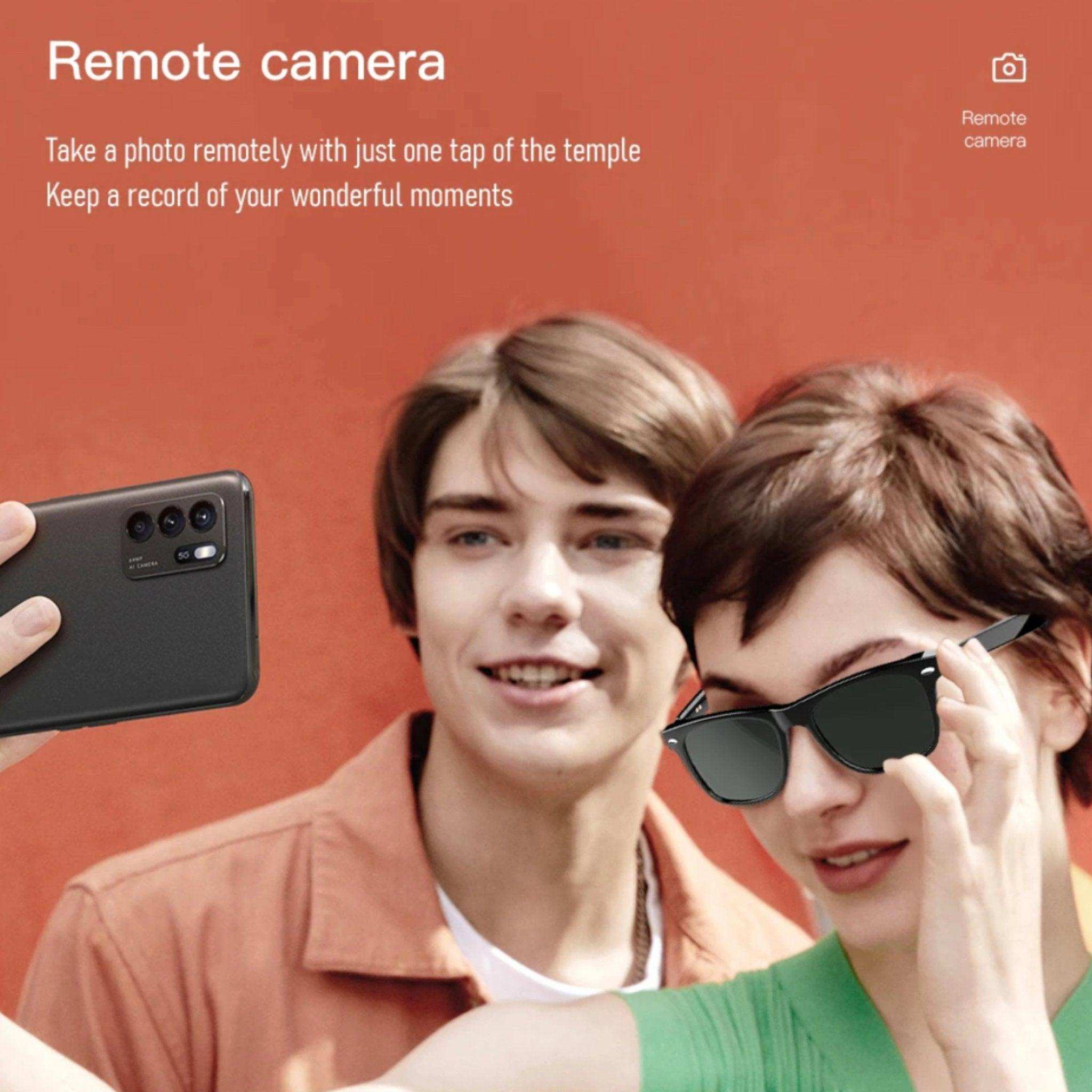 Two people take a selfie using TUTT E13 Bluetooth smart glasses with remote camera feature TUTT