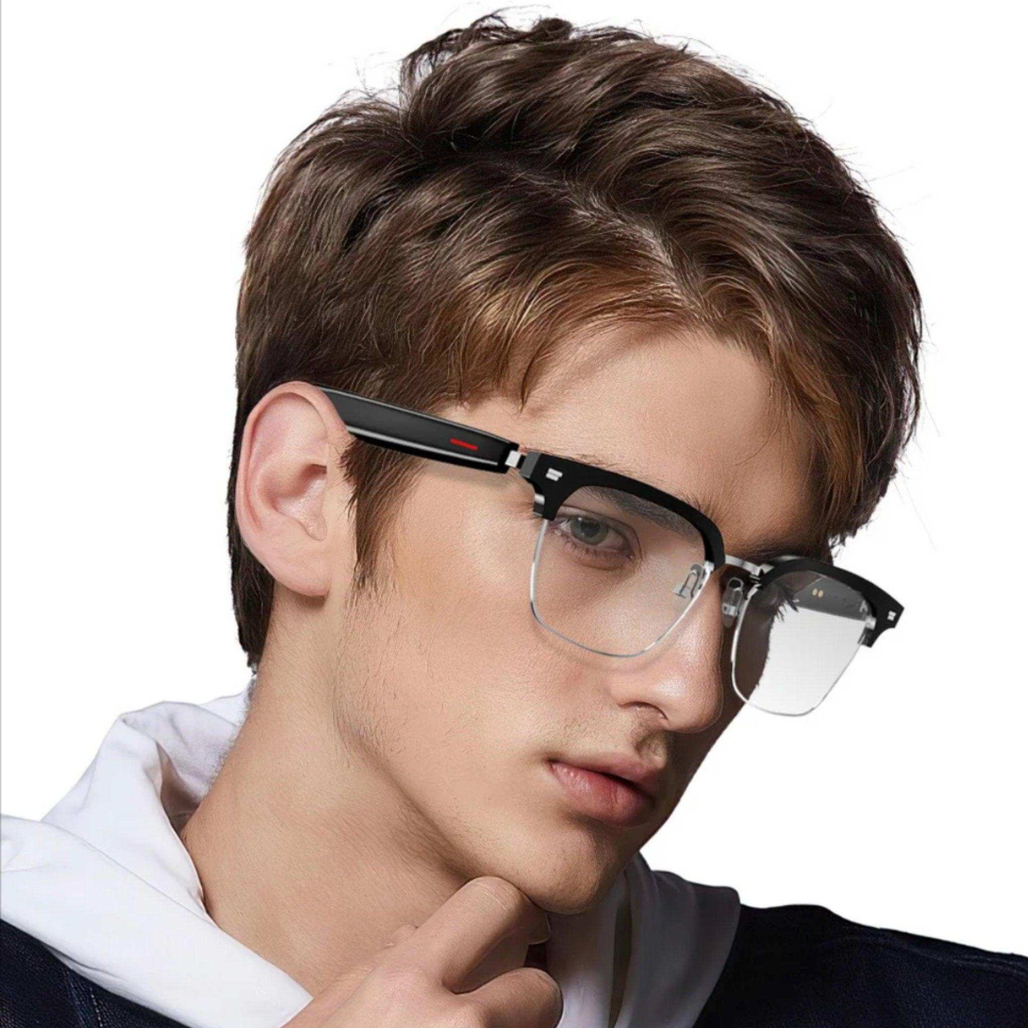 Man wearing TUTT E13 Bluetooth smart anti-blue ray glasses with TR90 frame, close-up. TUTT