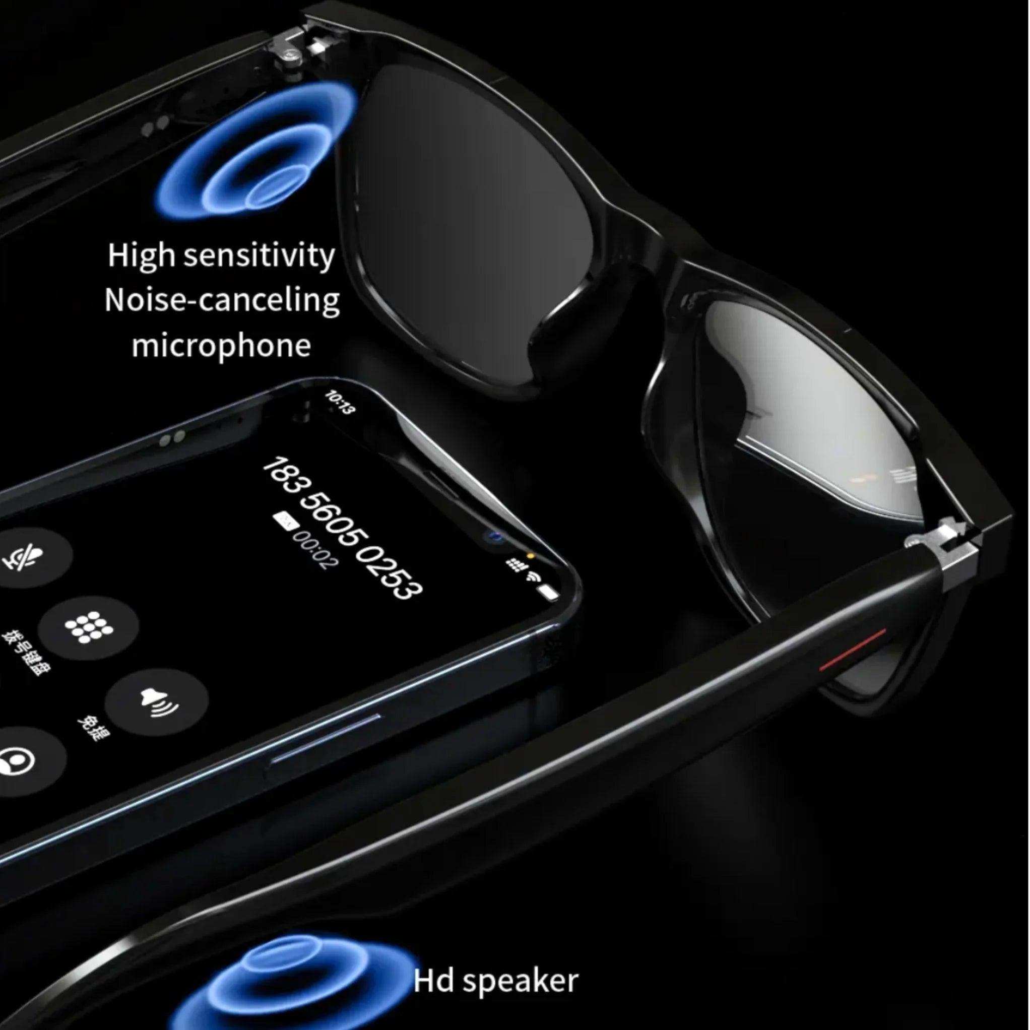 Black Bluetooth smart glasses with clear lenses, noise-canceling mic, HD speaker, and smartphone close-up. TUTT