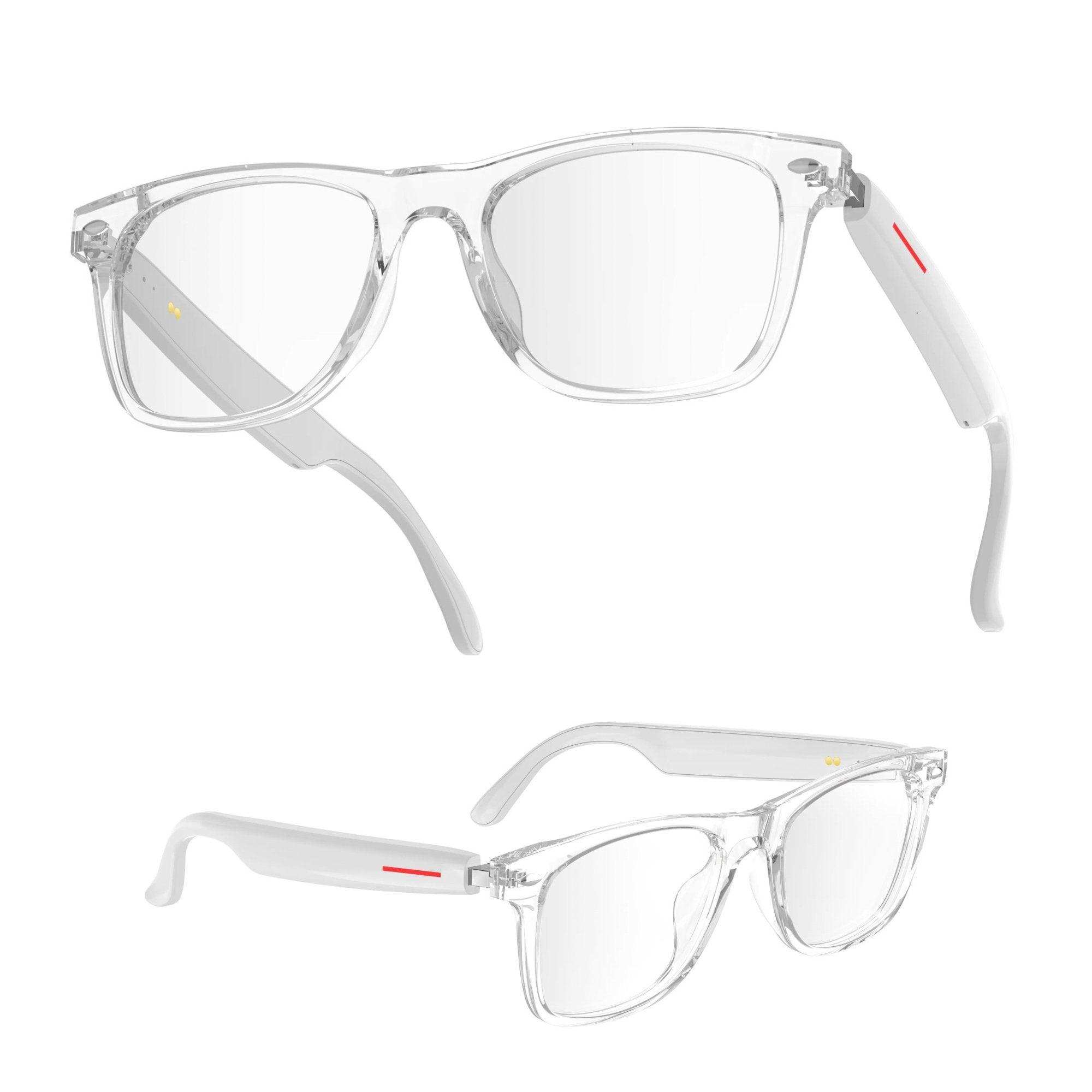 Clear Bluetooth smart glasses with transparent TR90 frame and anti-blue light lenses, TUTT