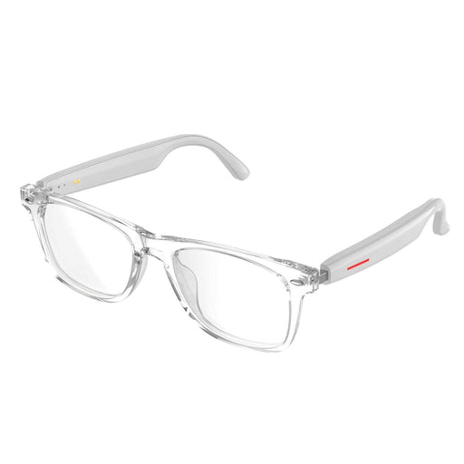 Clear frame Bluetooth smart glasses with white TR90 arms shown on white background TUTT
