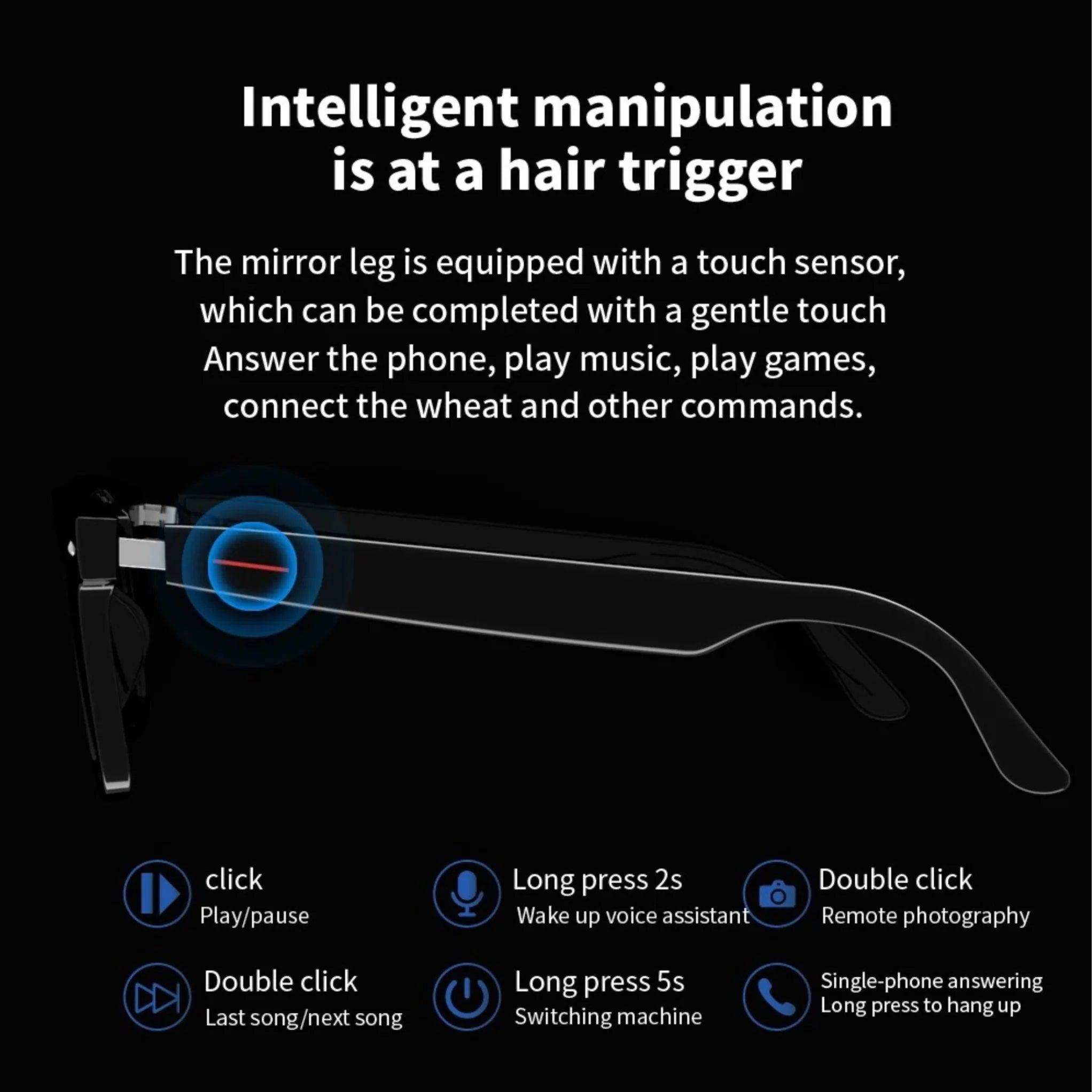 Side view of Bluetooth smart sunglasses showing touch sensor controls for music, calls, and voice assistant, TUTT