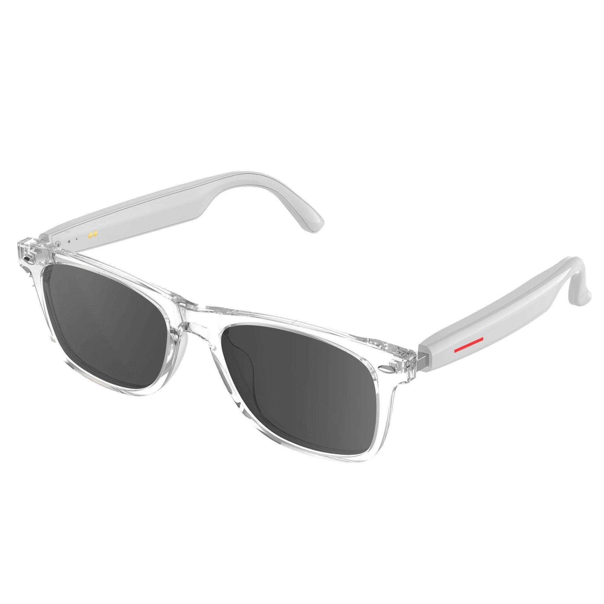 Clear frame smart sunglasses with black lenses and white arms, Bluetooth enabled, TUTT