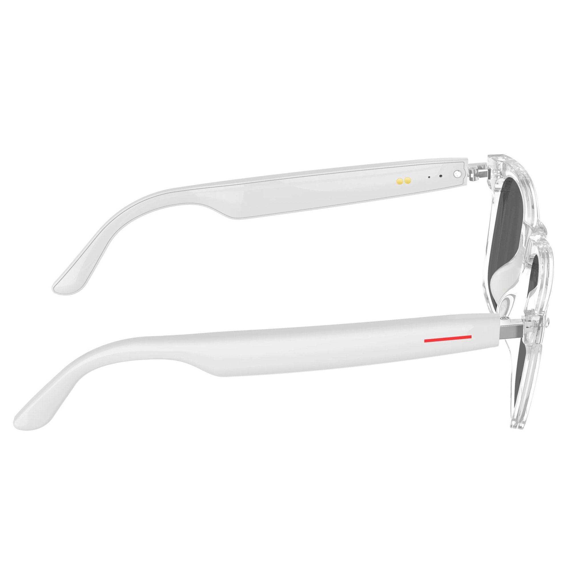 Side view of white Bluetooth smart sunglasses with clear frames and HD UV protection, TUTT