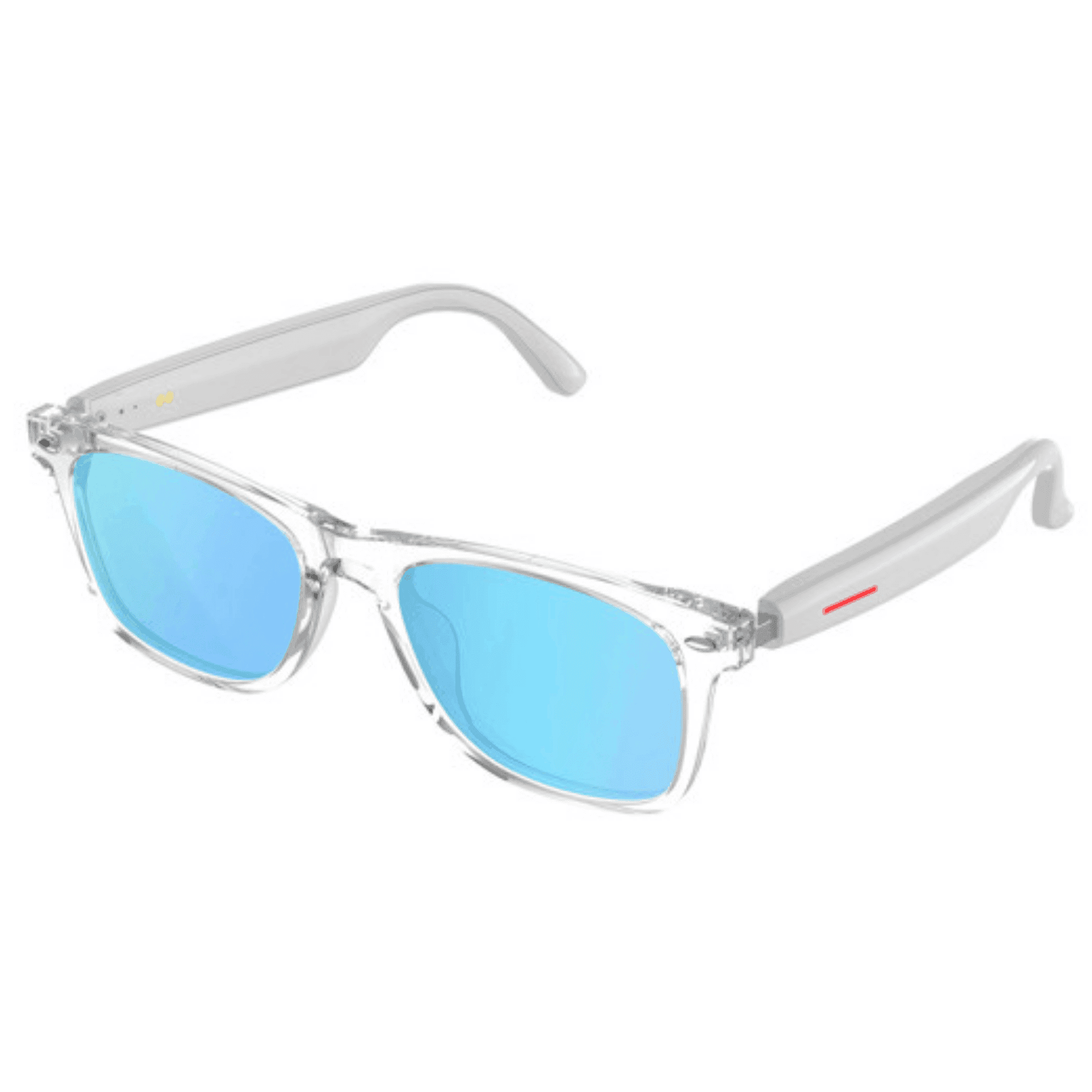 Bluetooth smart sunglasses with clear TR90 frame, blue mirrored lenses, and side controls TUTT