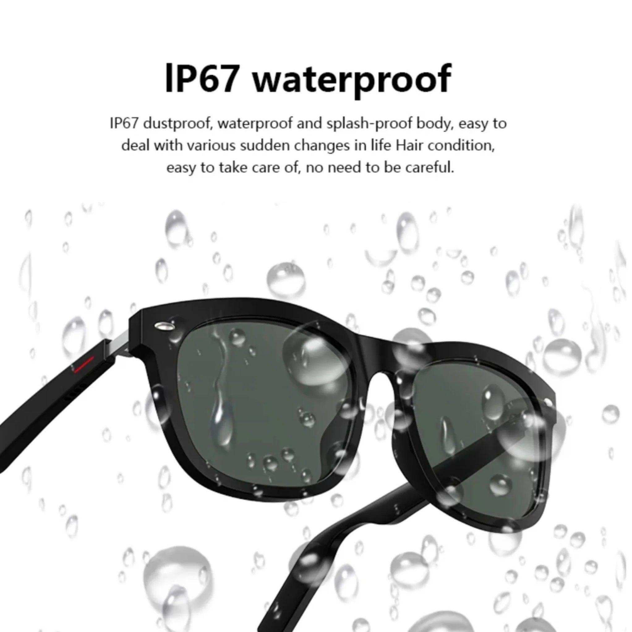 Black Bluetooth smart sunglasses with water droplets, IP67 waterproof feature, TUTT