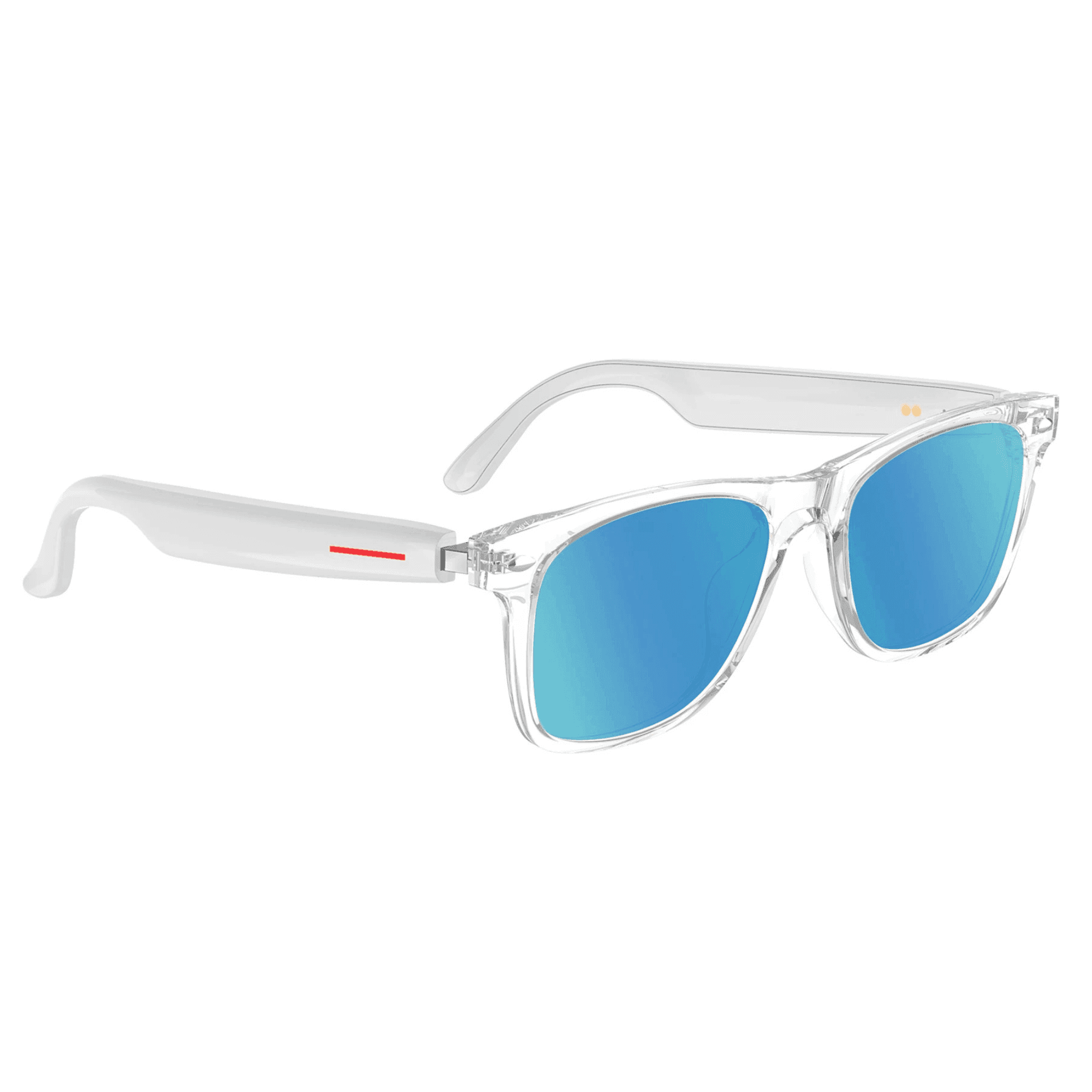 Clear frame Bluetooth smart sunglasses with blue mirrored lenses, TR90 frame, TUTT