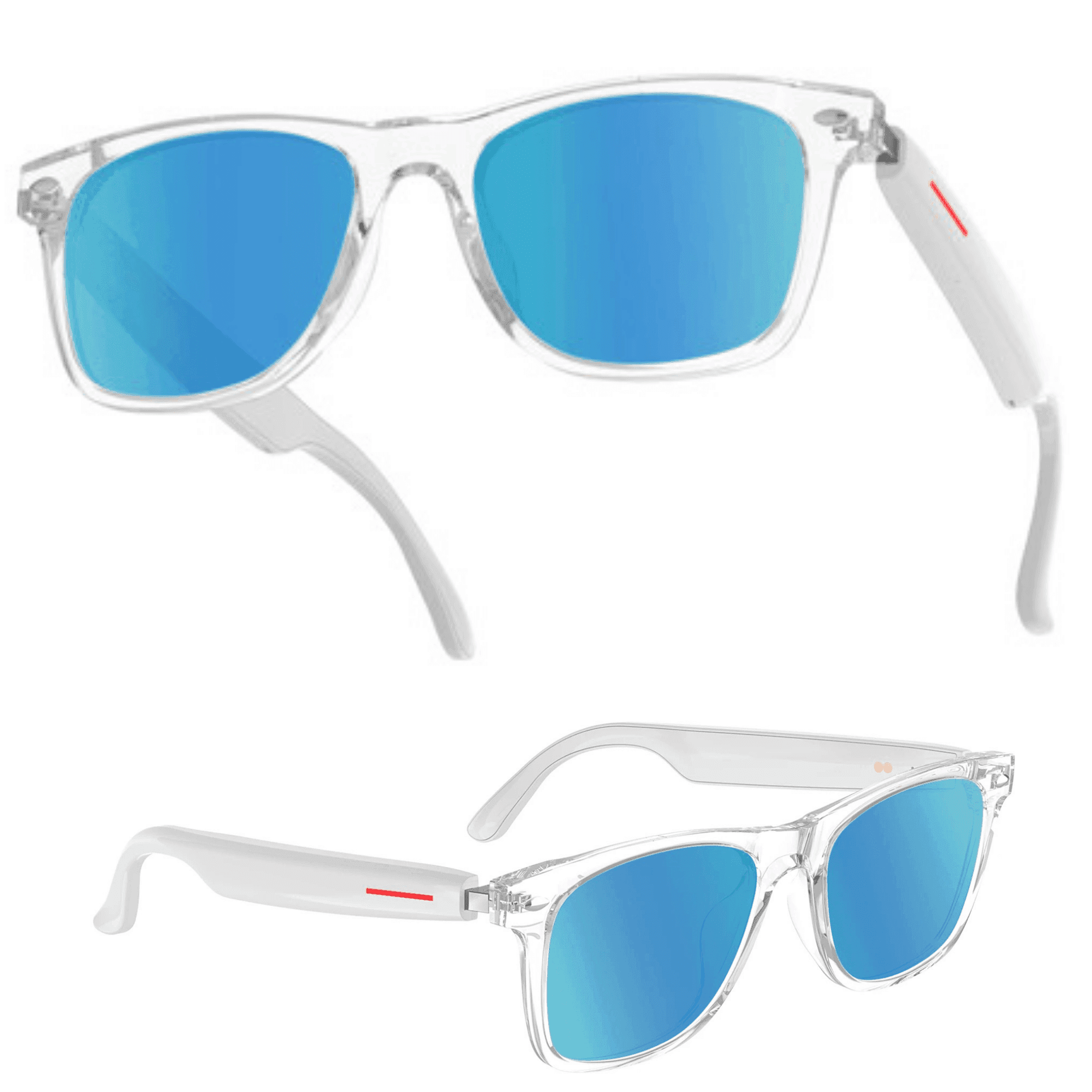 Bluetooth smart sunglasses with clear TR90 frame, blue mirrored lenses, and red accents, TUTT