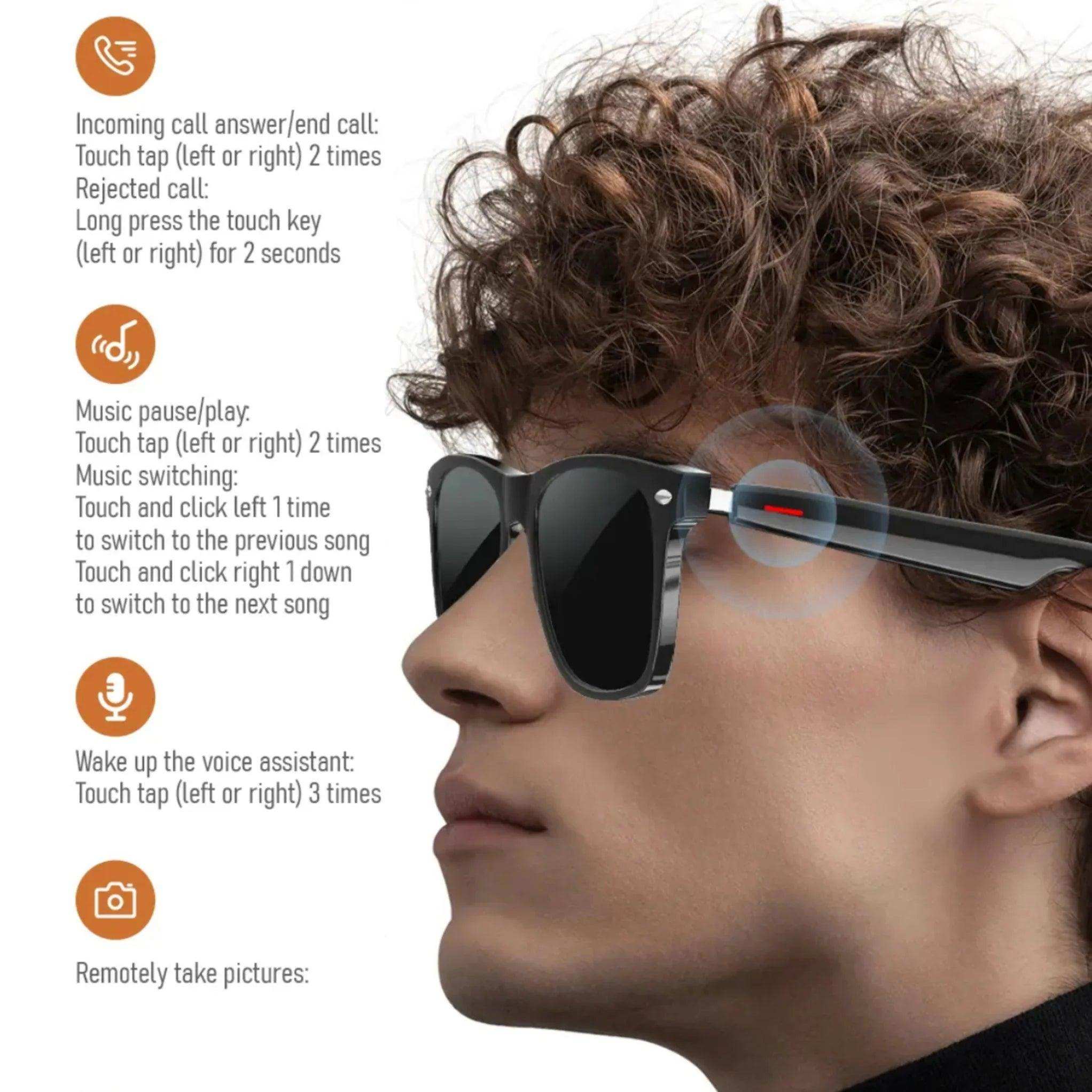 Man wearing TUTT E13 Bluetooth smart sunglasses with touch controls and voice assistant. TUTT