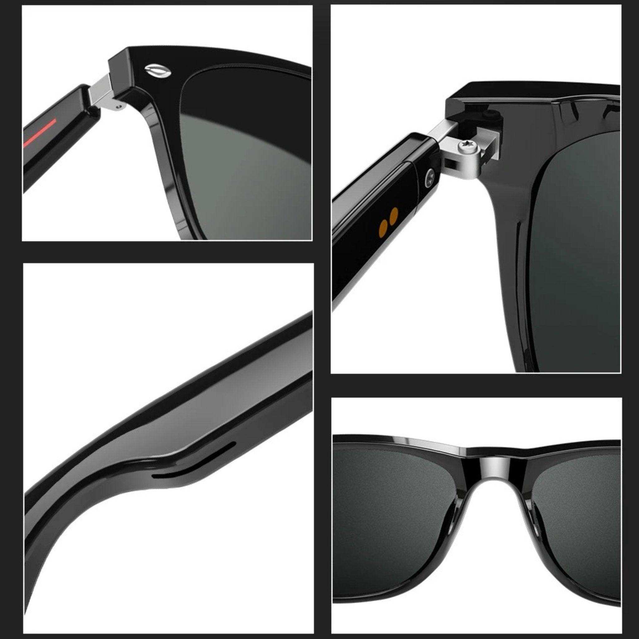 Close-up collage of black TR90 Bluetooth smart sunglasses, showing wireless tech details, HD UV lenses, and sleek frame. TUTT