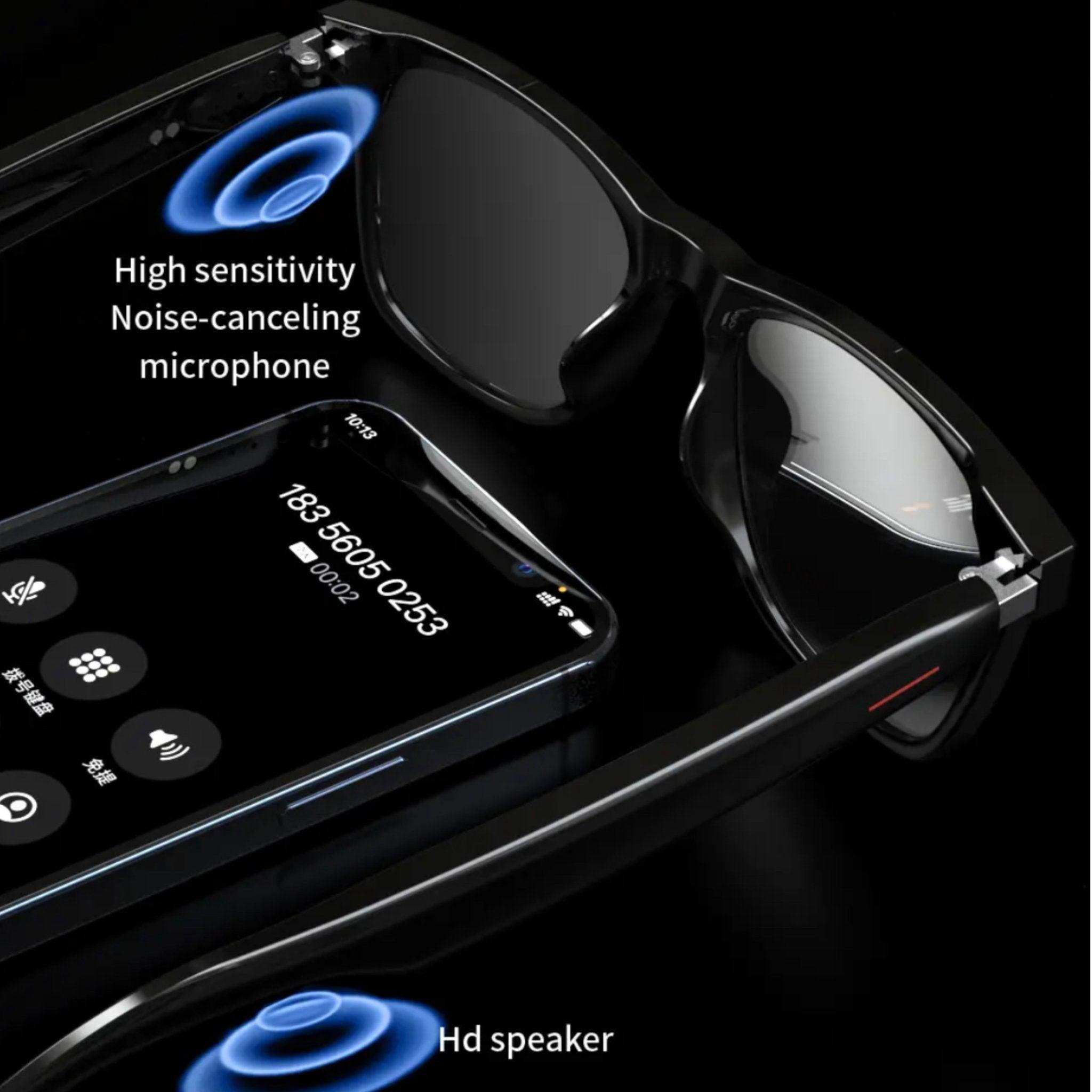 Bluetooth smart sunglasses with black TR90 frame, HD speaker, microphone, and a smartphone nearby, TUTT