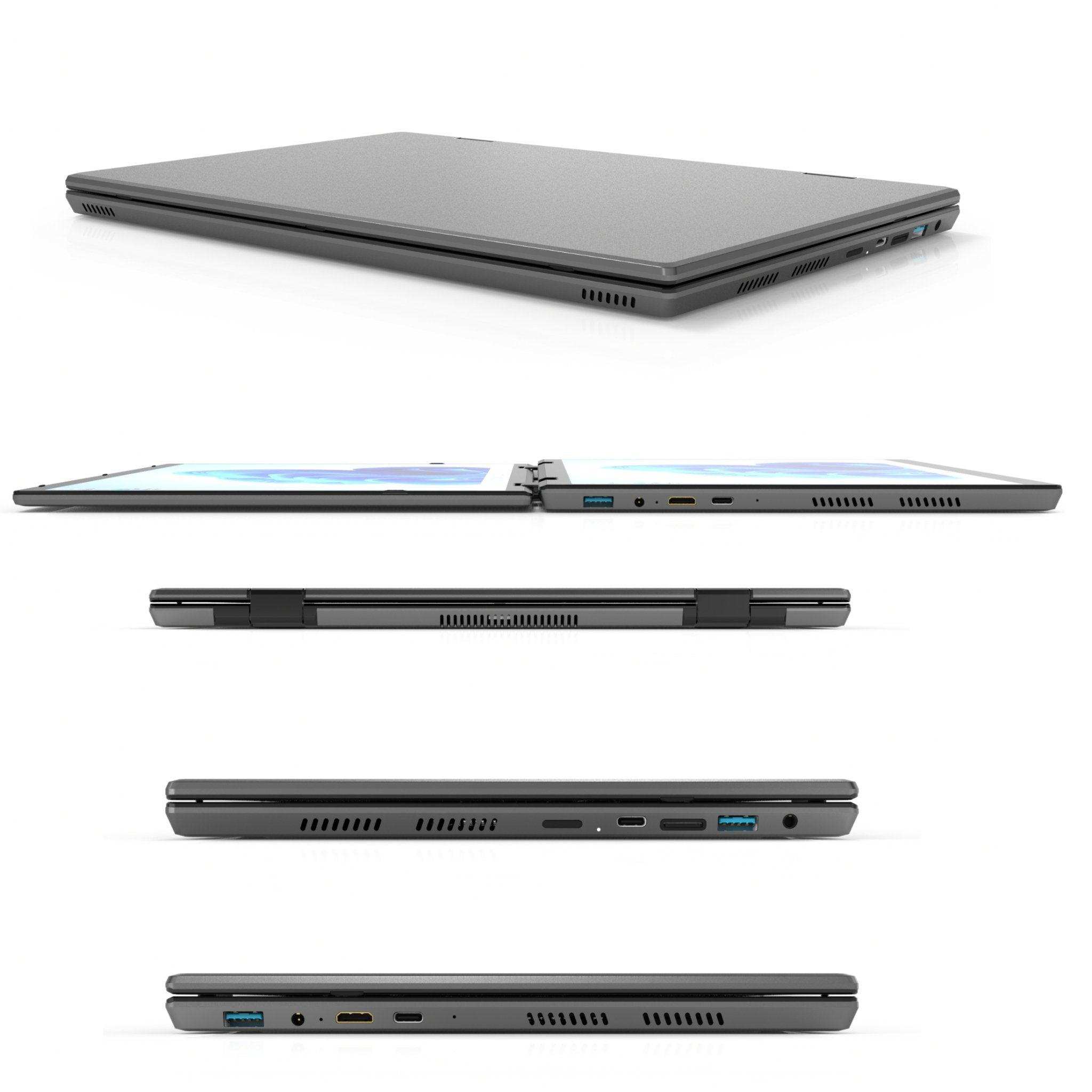 TUTT dual touch screen 2-in-1 laptop shown closed and open 360°, gray body, multiple ports, Windows 11 Pro. TUTT