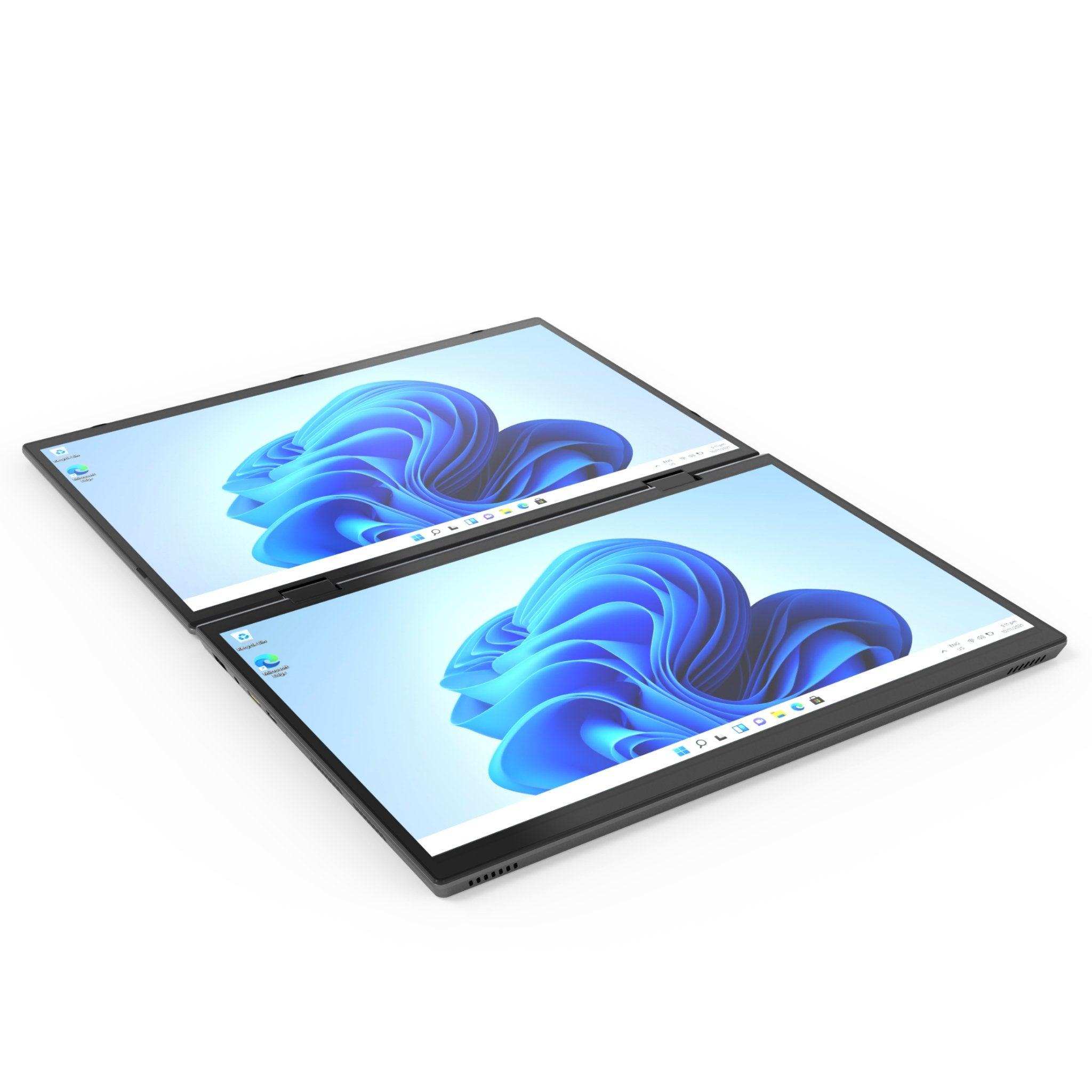 Dual touch screen 2-in-1 laptop laying flat with Windows 11 display, modern notebook TUTT