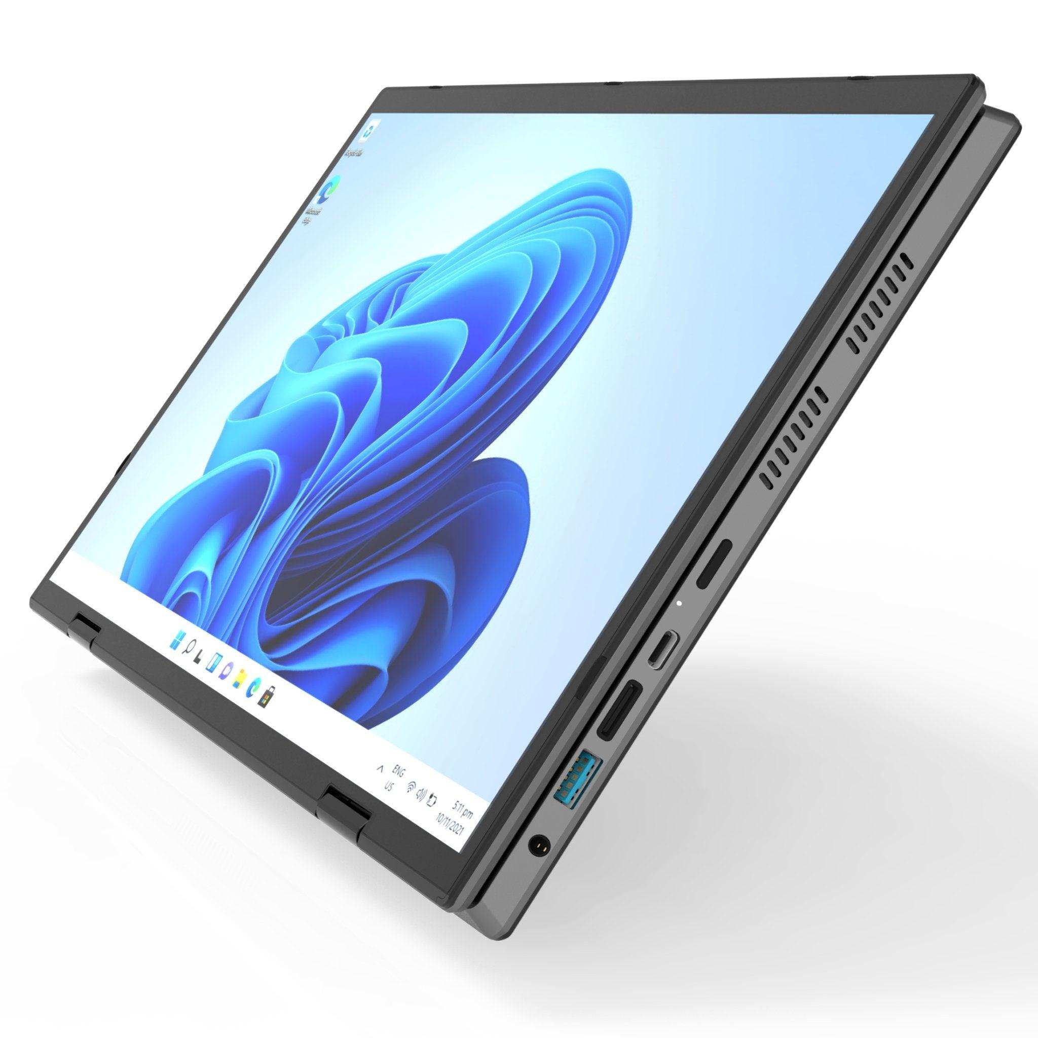 2-in-1 convertible laptop with dual touch screens and Windows 11 Pro display, tilted view, TUTT