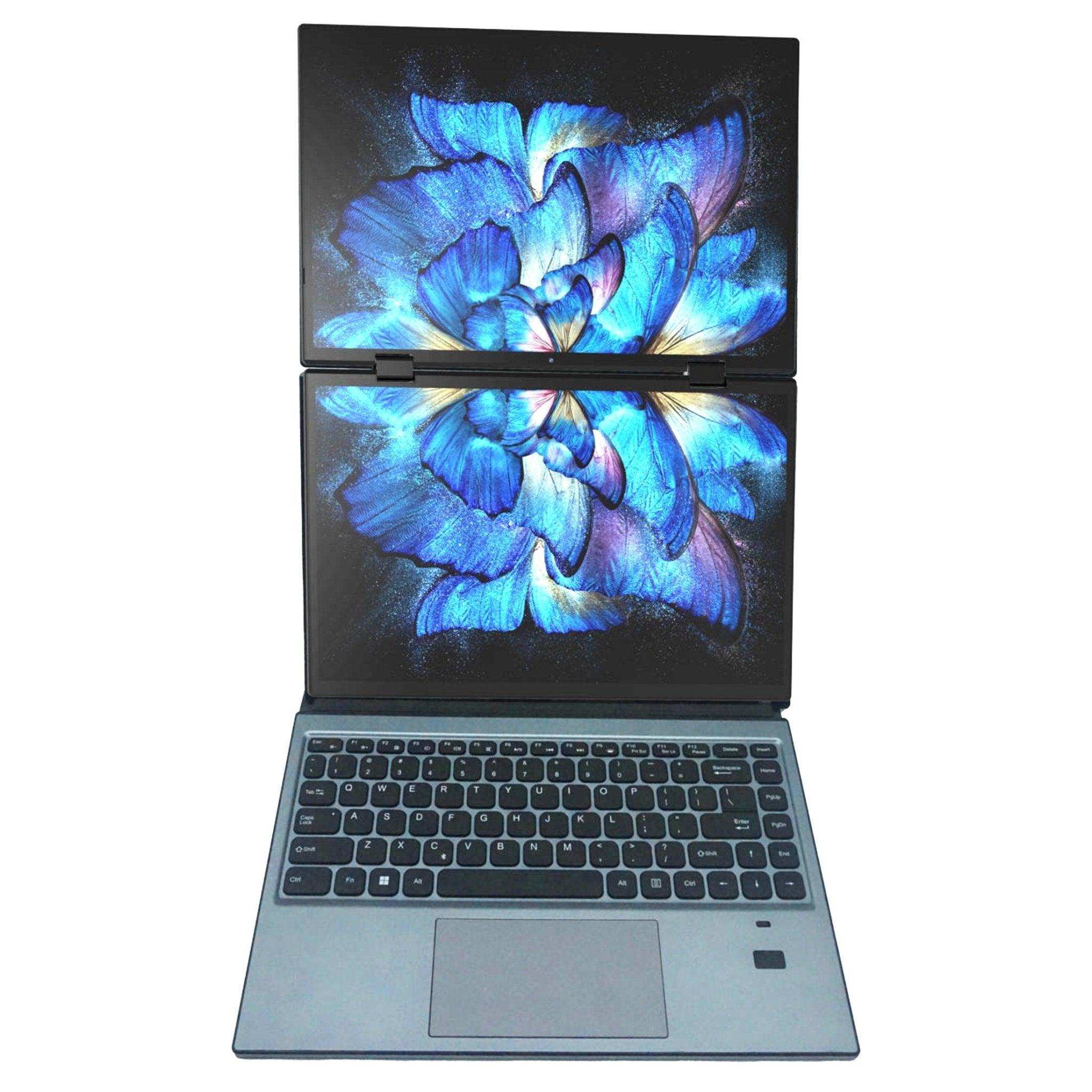 2-in-1 dual touch screen laptop with blue flower display, open keyboard, silver body, TUTT