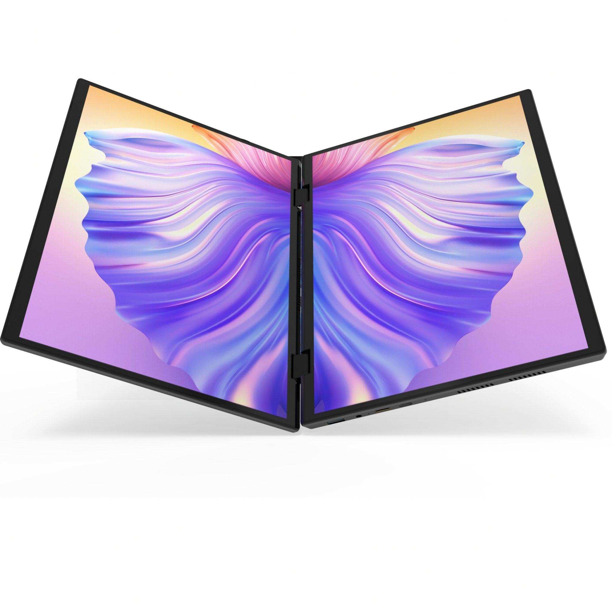 2-in-1 dual touch screen laptop with vivid purple display, open in tent mode, TUTT