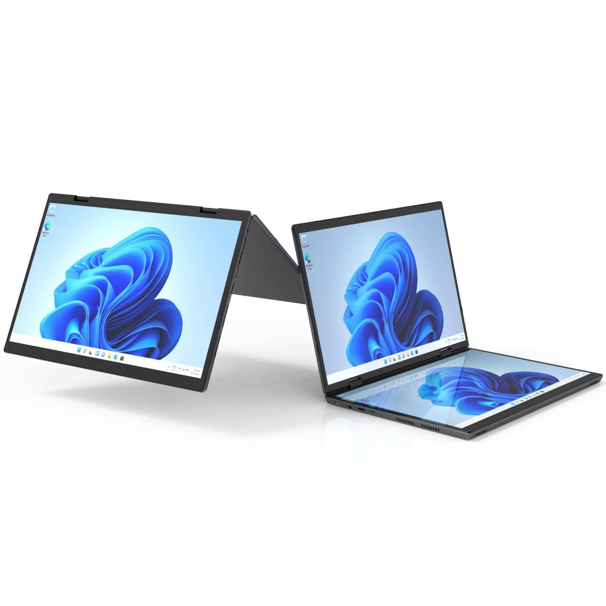 Dual touchscreen 2-in-1 laptop in tent and flat modes, Windows 11, gray color, TUTT