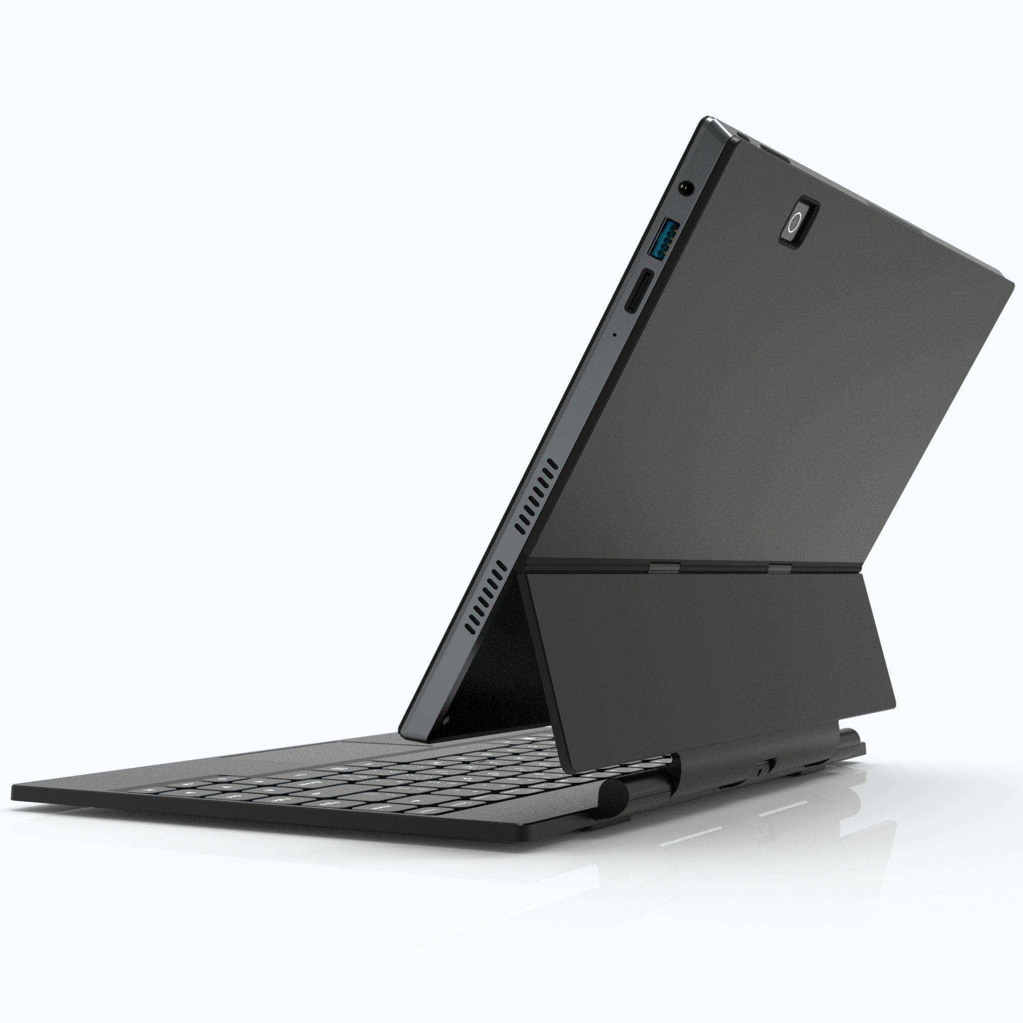 Black 2-in-1 detachable laptop tablet with touchscreen, backlit keyboard, and rear camera TUTT