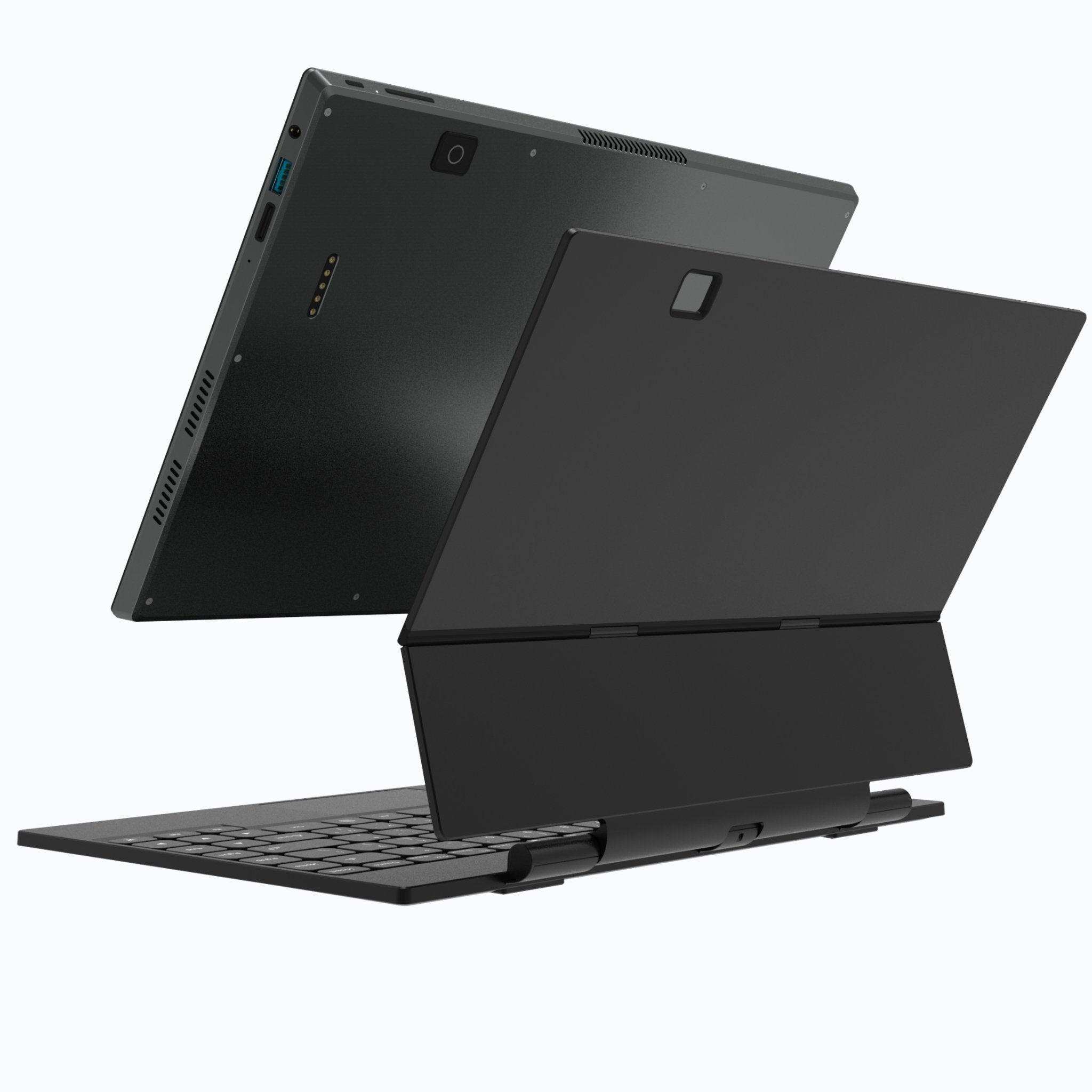 Detachable 2-in-1 black laptop tablet with touchscreen and keyboard on white background TUTT