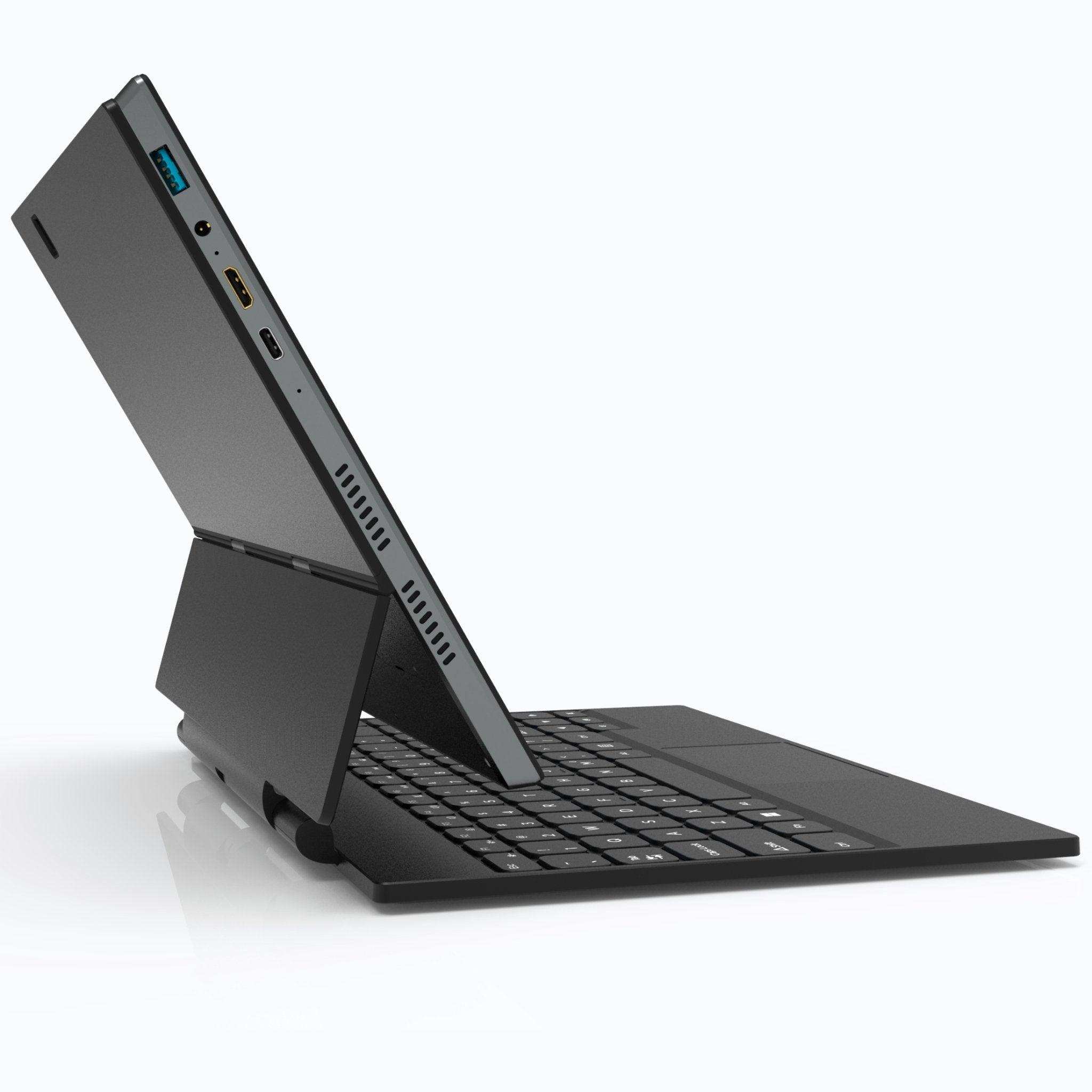 Black 2-in-1 detachable laptop tablet with touchscreen, kickstand, and keyboard on white background TUTT