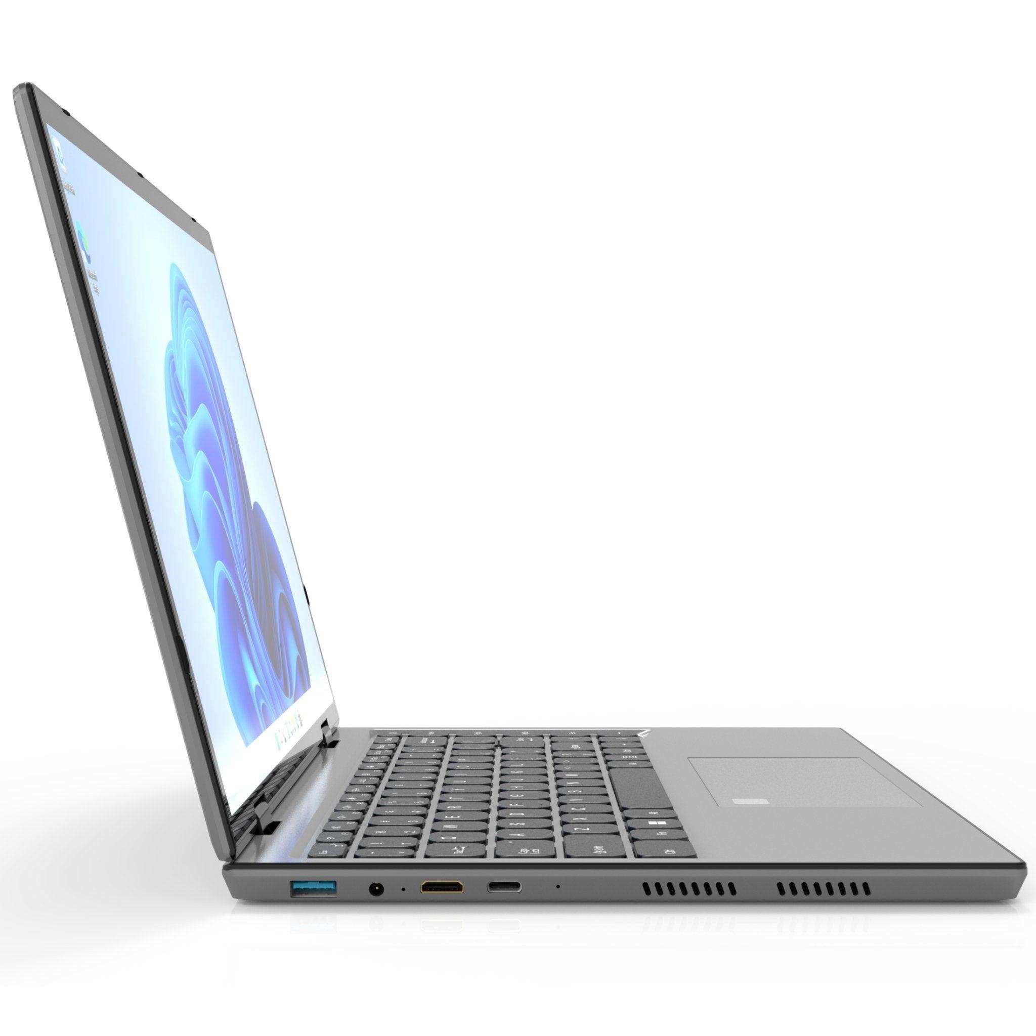 Slim silver 2-in-1 laptop with touch screen open to side, backlit keyboard visible, TUTT