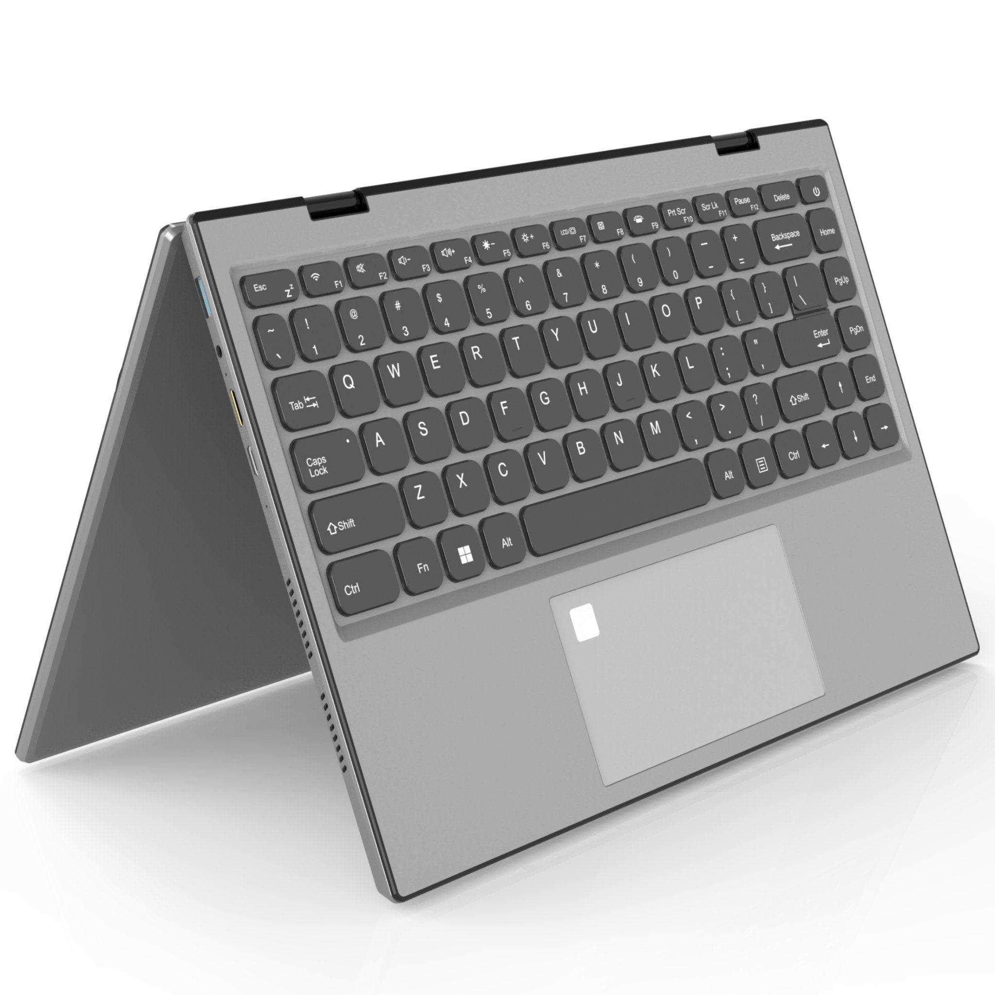 Silver 2-in-1 laptop in tent mode with black backlit keyboard on white background TUTT