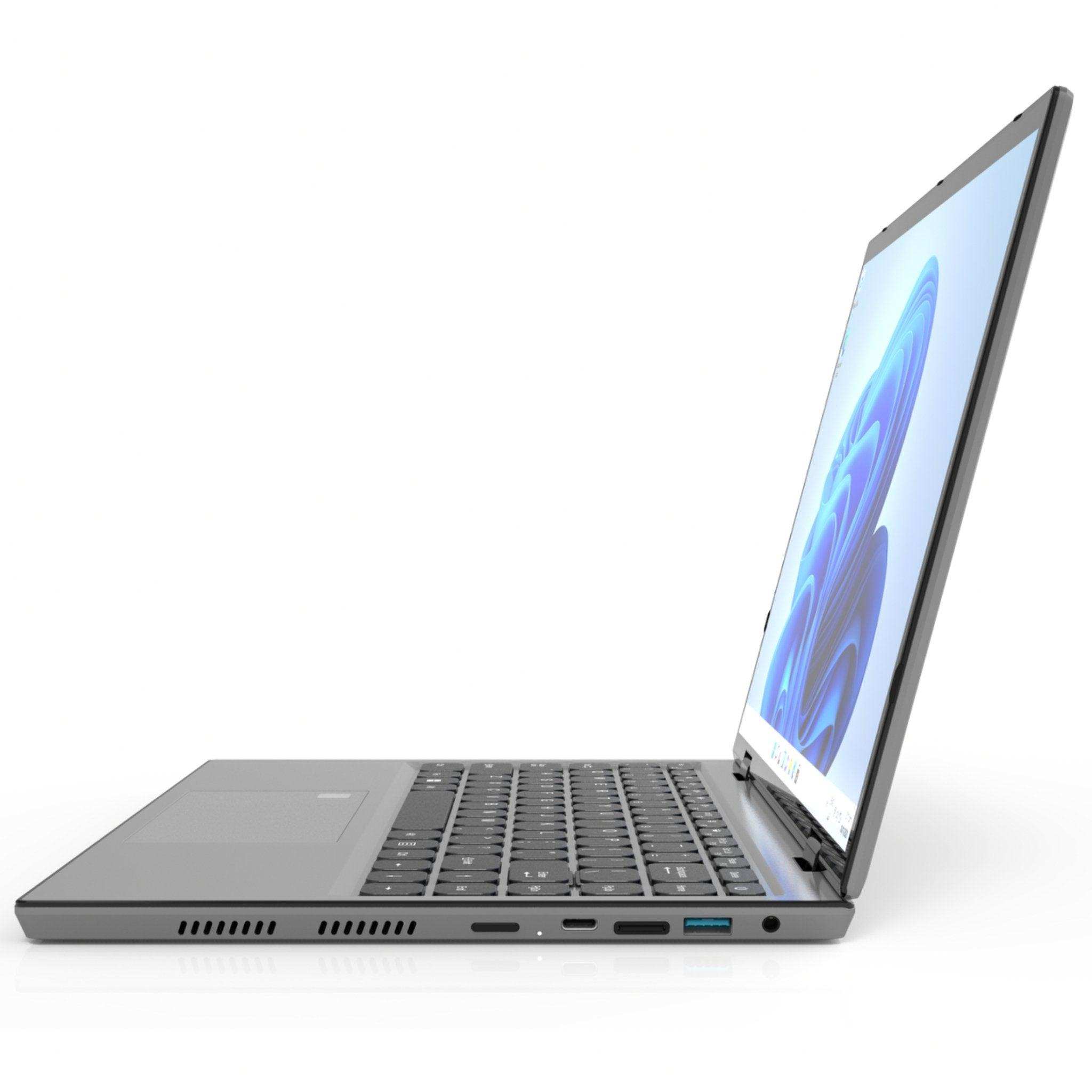 Slim silver 2-in-1 laptop with touch screen, backlit keyboard, and open side view, TUTT