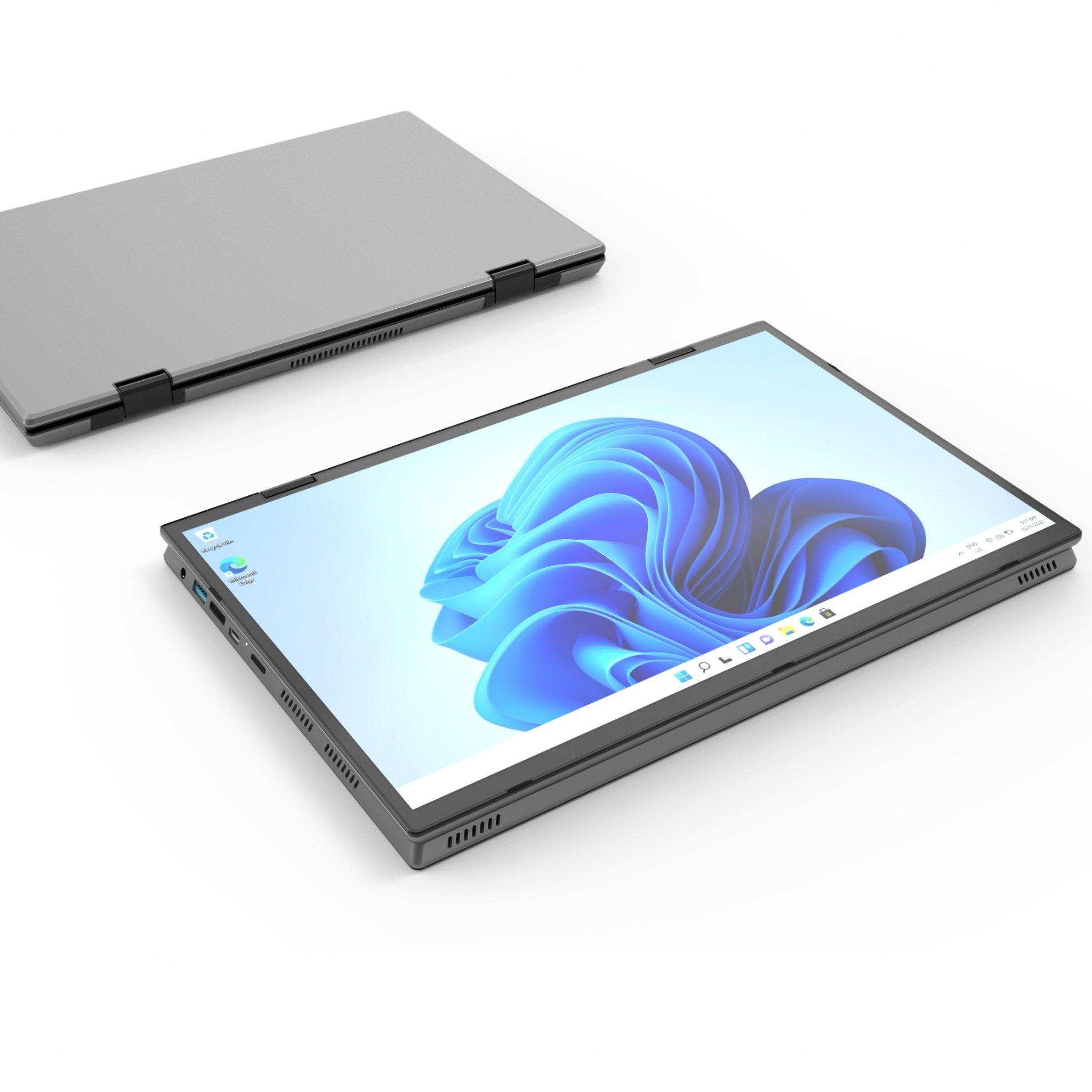 Silver 2-in-1 touchscreen laptop in tablet mode with Windows 11 and closed view, TUTT