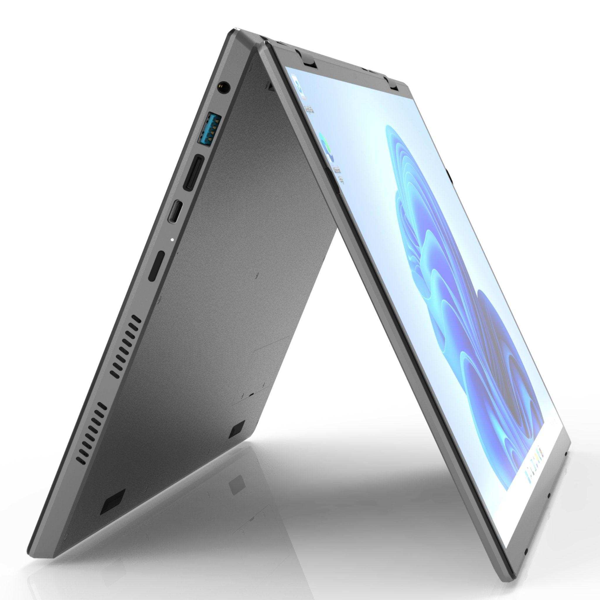 Silver 2-in-1 touchscreen laptop tent mode, visible ports and Windows 11 screen, TUTT