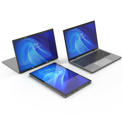 Gray 2-in-1 touchscreen laptop shown in three convertible positions on white background TUTT