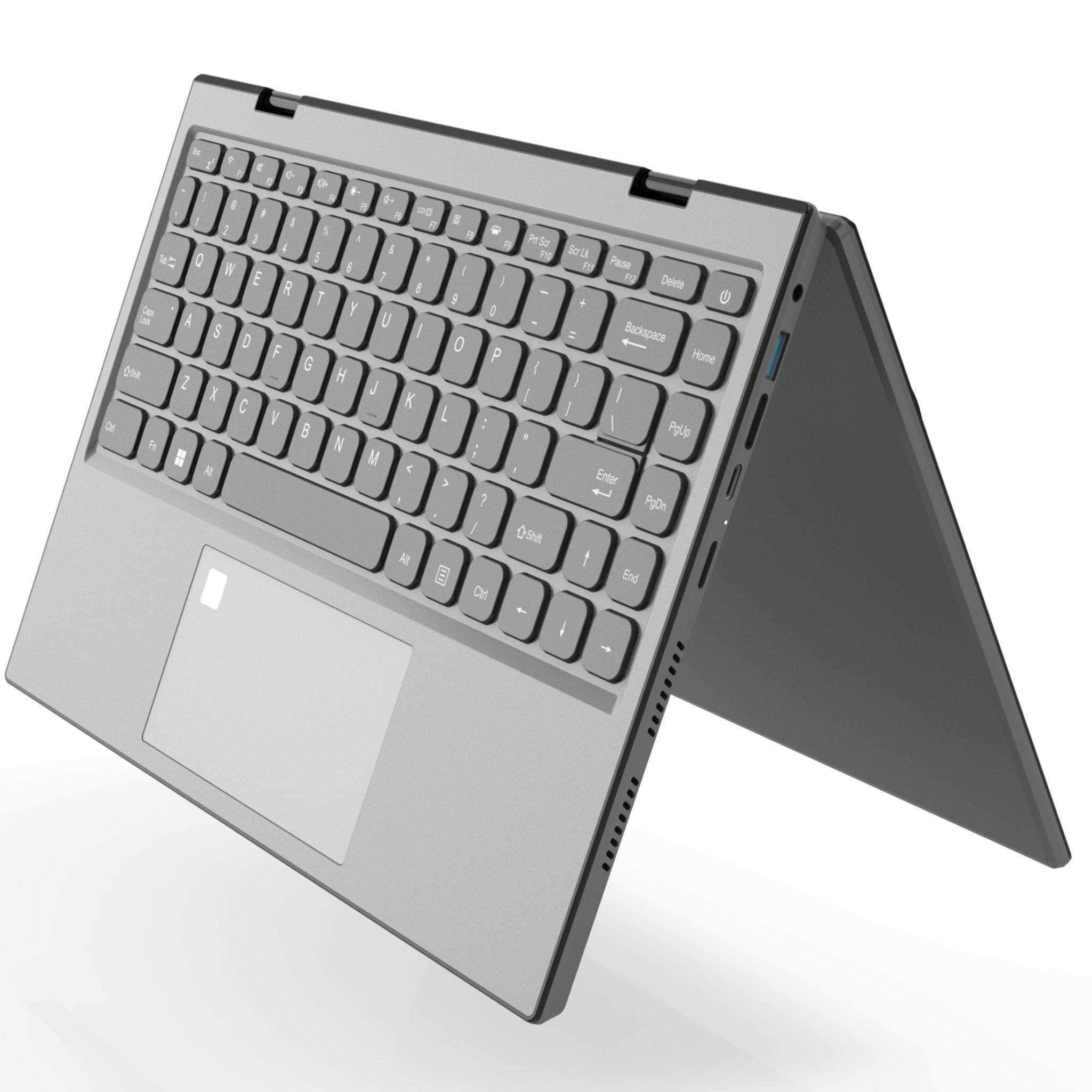 Silver 2-in-1 laptop in tent mode showing backlit keyboard and touchpad, TUTT