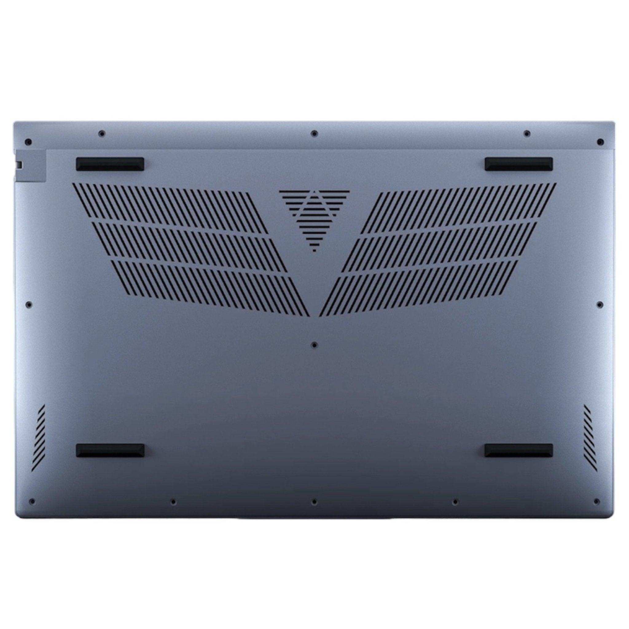 Gray laptop bottom panel with ventilation slots and rubber feet, modern design TUTT