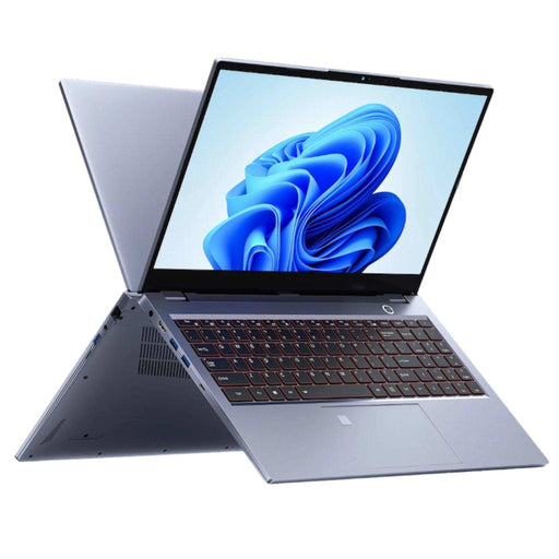 Gray convertible IPS laptop with backlit keyboard and Windows 11 Pro screen, open in stand mode TUTT