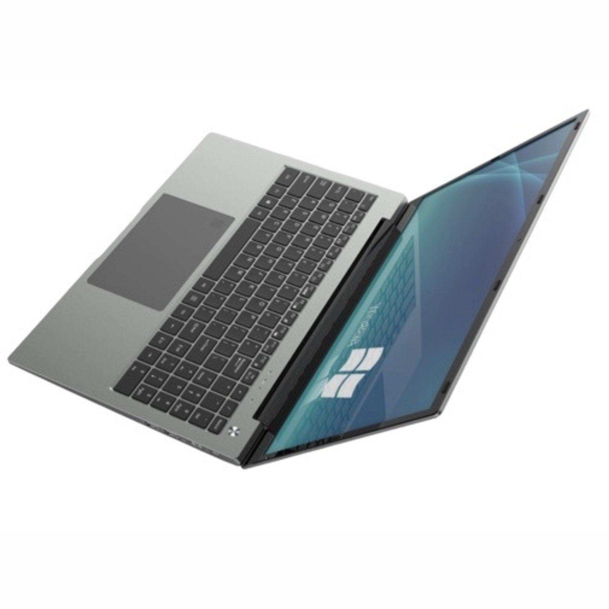 Gray laptop with Windows 11, backlit keyboard, and large touchpad on white background TUTT