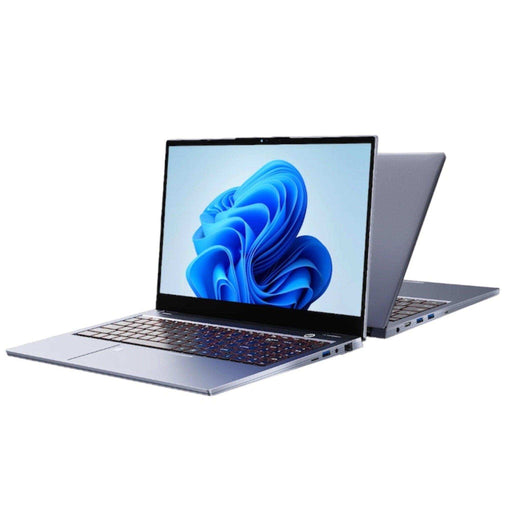 Gray laptop with backlit keyboard and Windows 11 Pro display, shown from two angles, TUTT