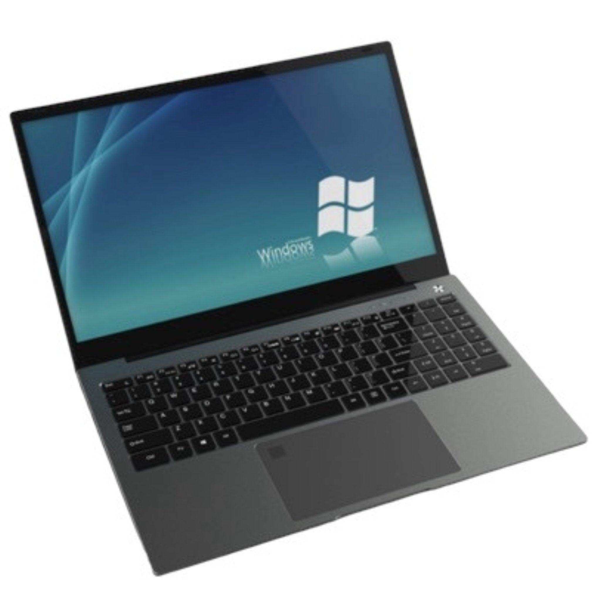 Gray laptop with backlit keyboard and Windows logo on screen, angled view, TUTT