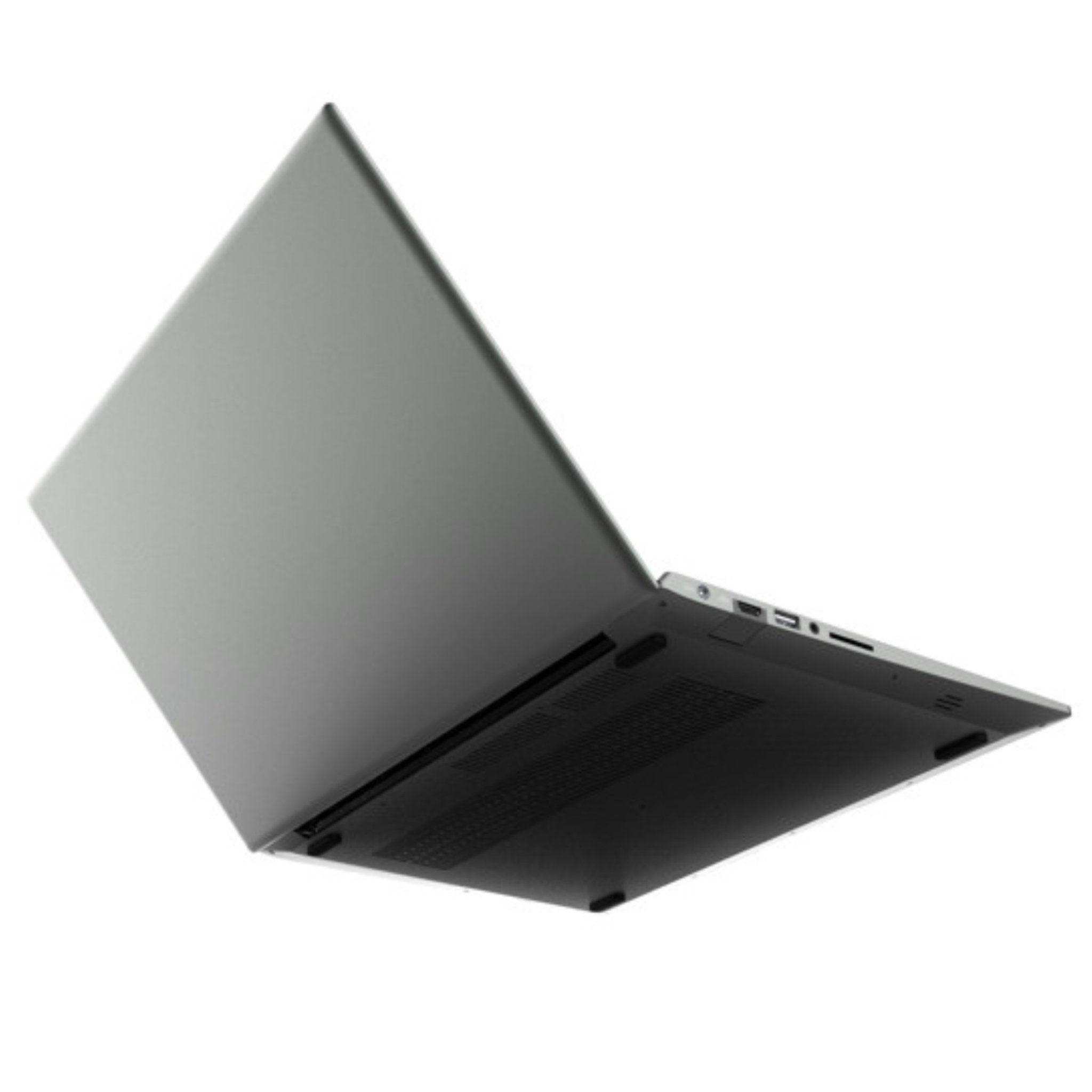 Gray slim IPS laptop partially open, angled view showing ports and vents, TUTT